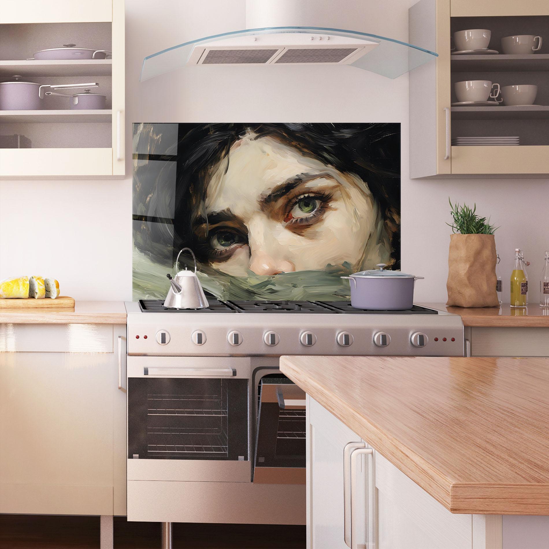 Küchenrückwand Glas Vintage Green Eyes Art mockup 1