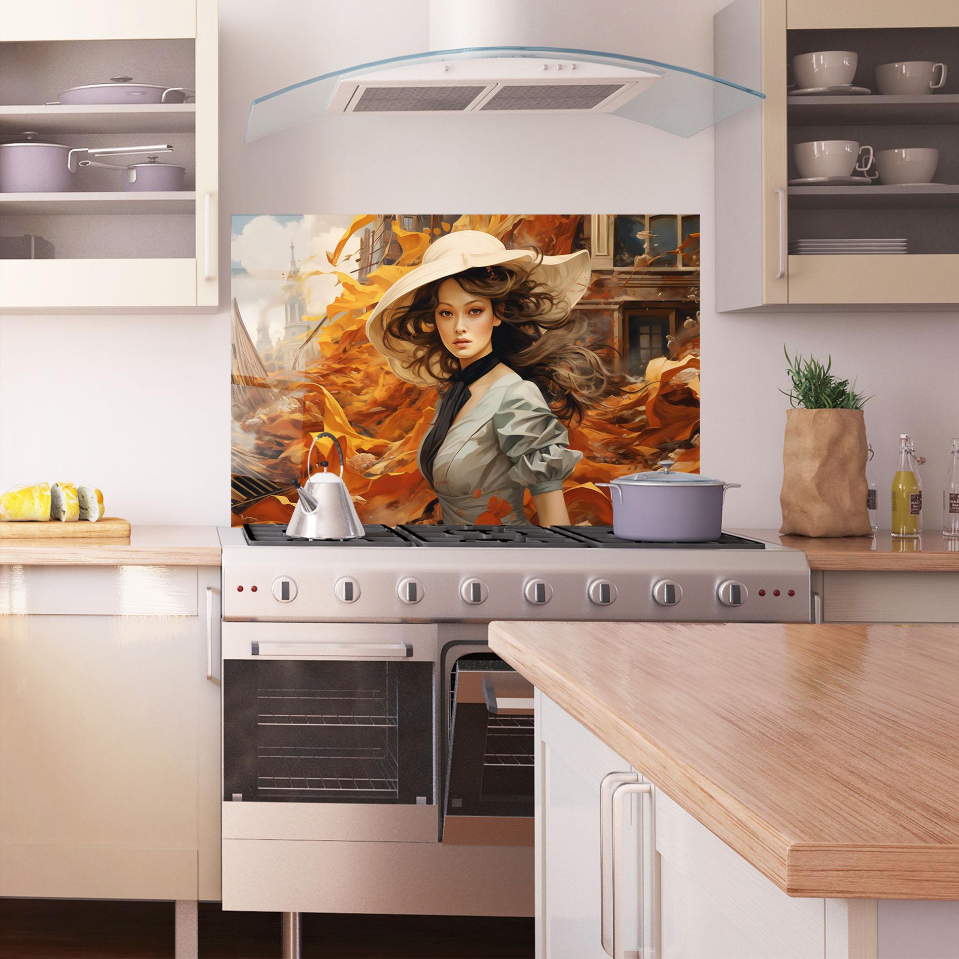 Küchenrückwand Glas Vintage Outfit On Orange mockup 1