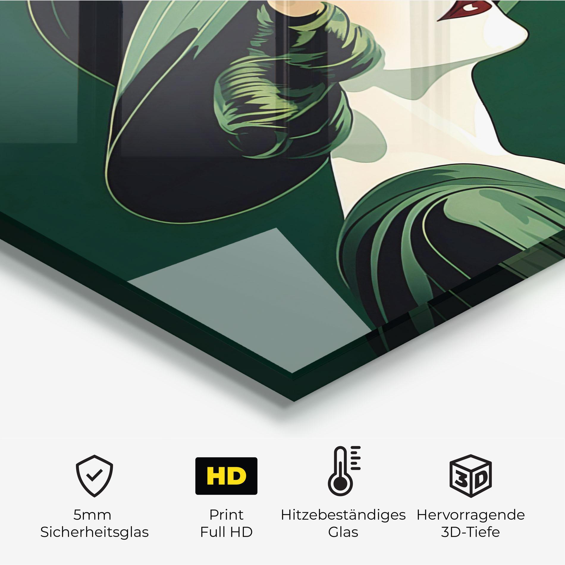 Küchenrückwand Glas Green Woman Painting mockup 2