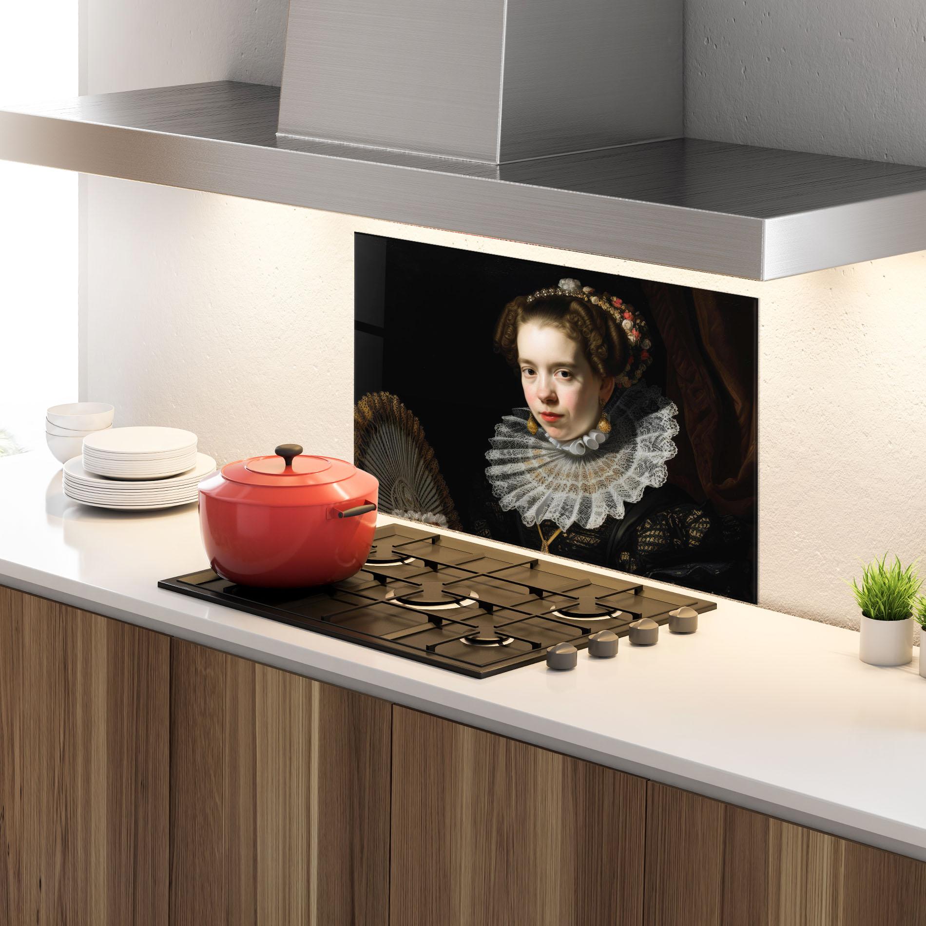 Küchenrückwand Glas Baroque Lady Portrait mockup 4