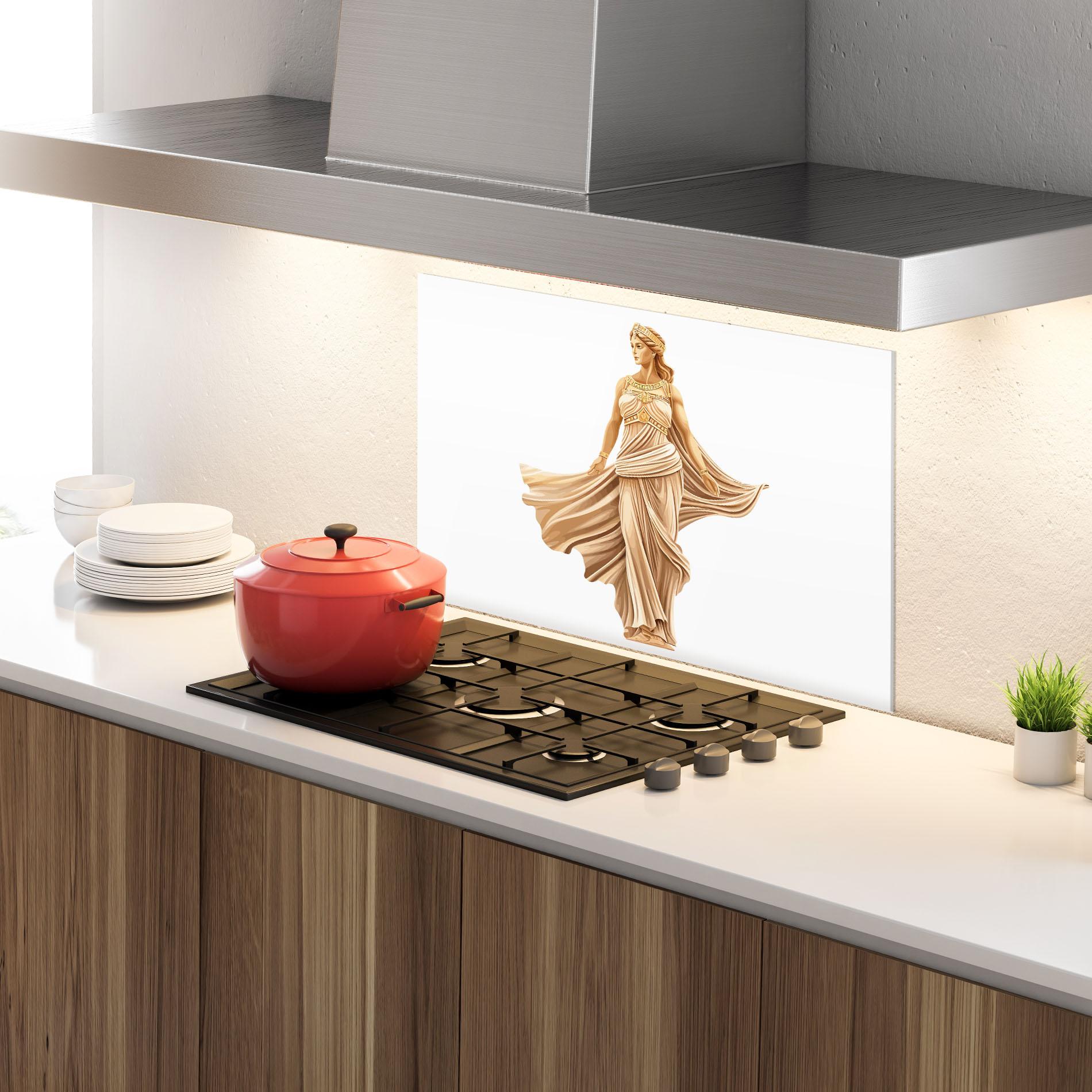 Küchenrückwand Glas Gold Statue mockup 4
