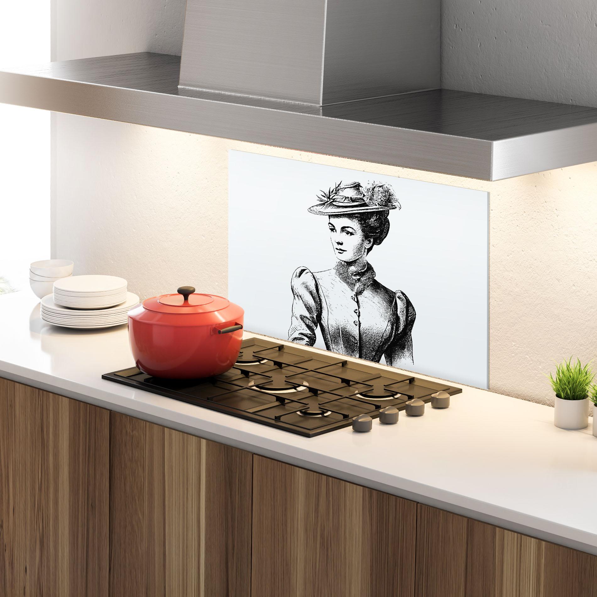 Küchenrückwand Glas Noble Lady Hat mockup 4