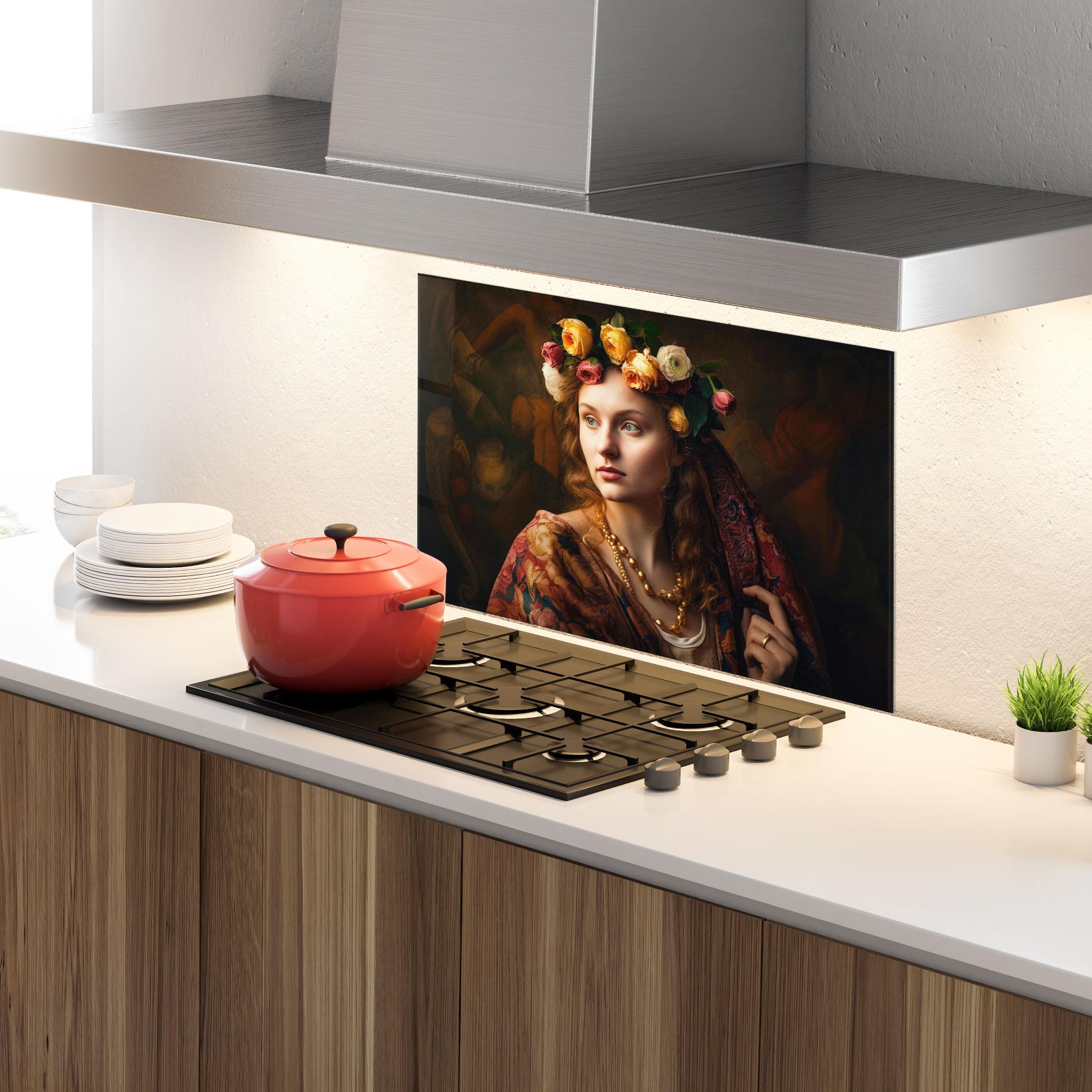 Küchenrückwand Glas Renaissance Woman mockup 4