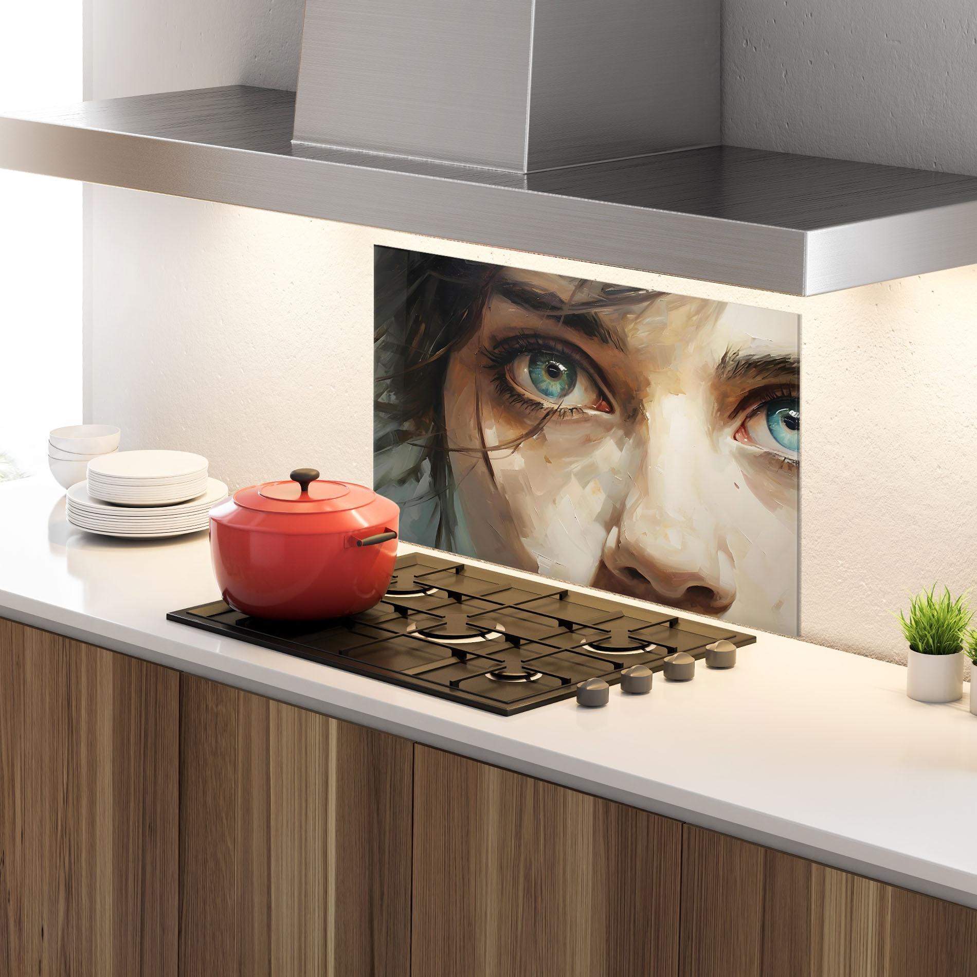 Küchenrückwand Glas Vintage Blue Eyes Art mockup 4