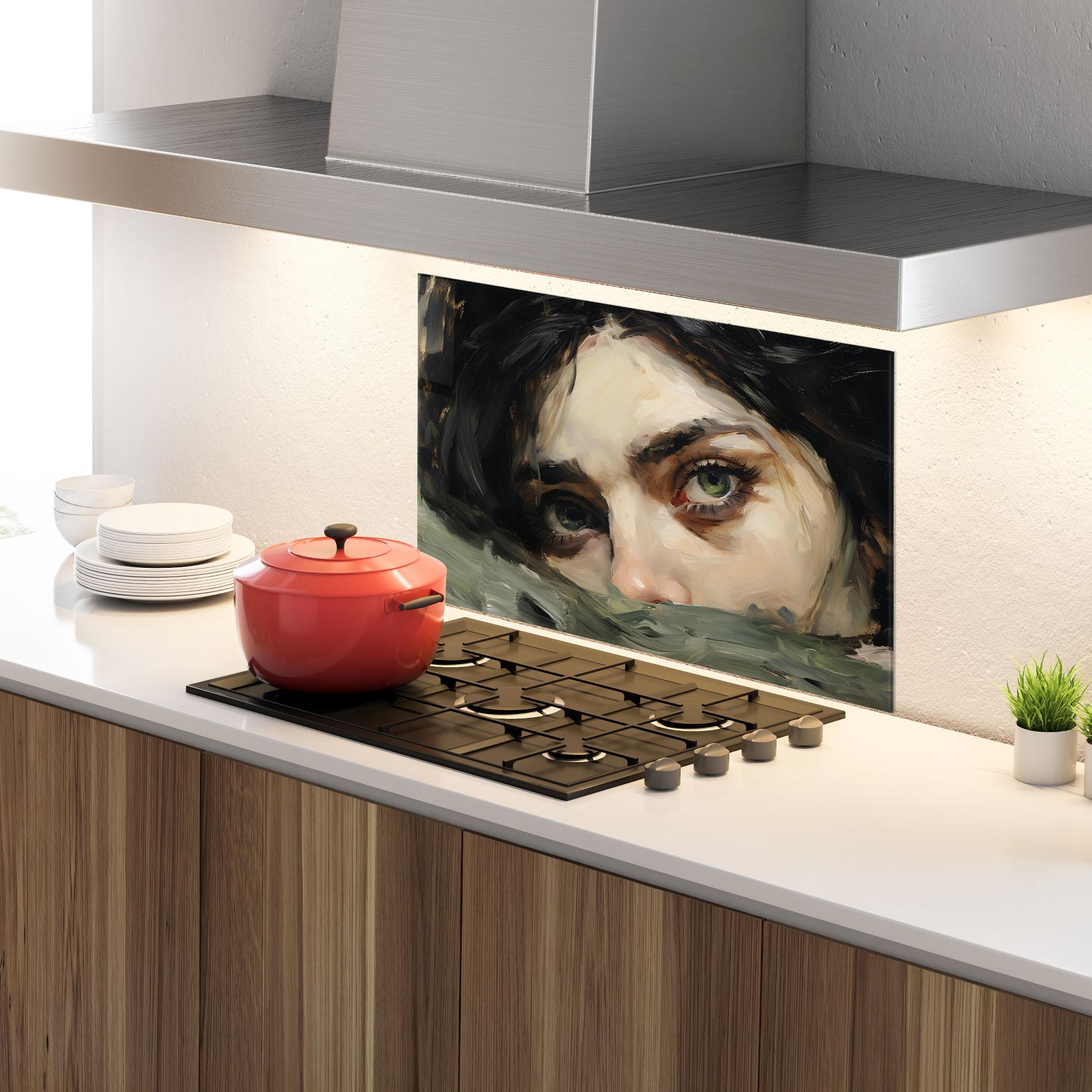 Küchenrückwand Glas Vintage Green Eyes Art mockup 4