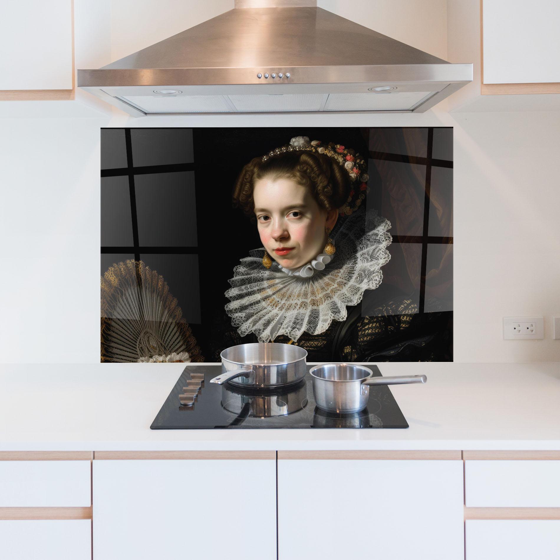 Küchenrückwand Glas Baroque Lady Portrait mockup 5