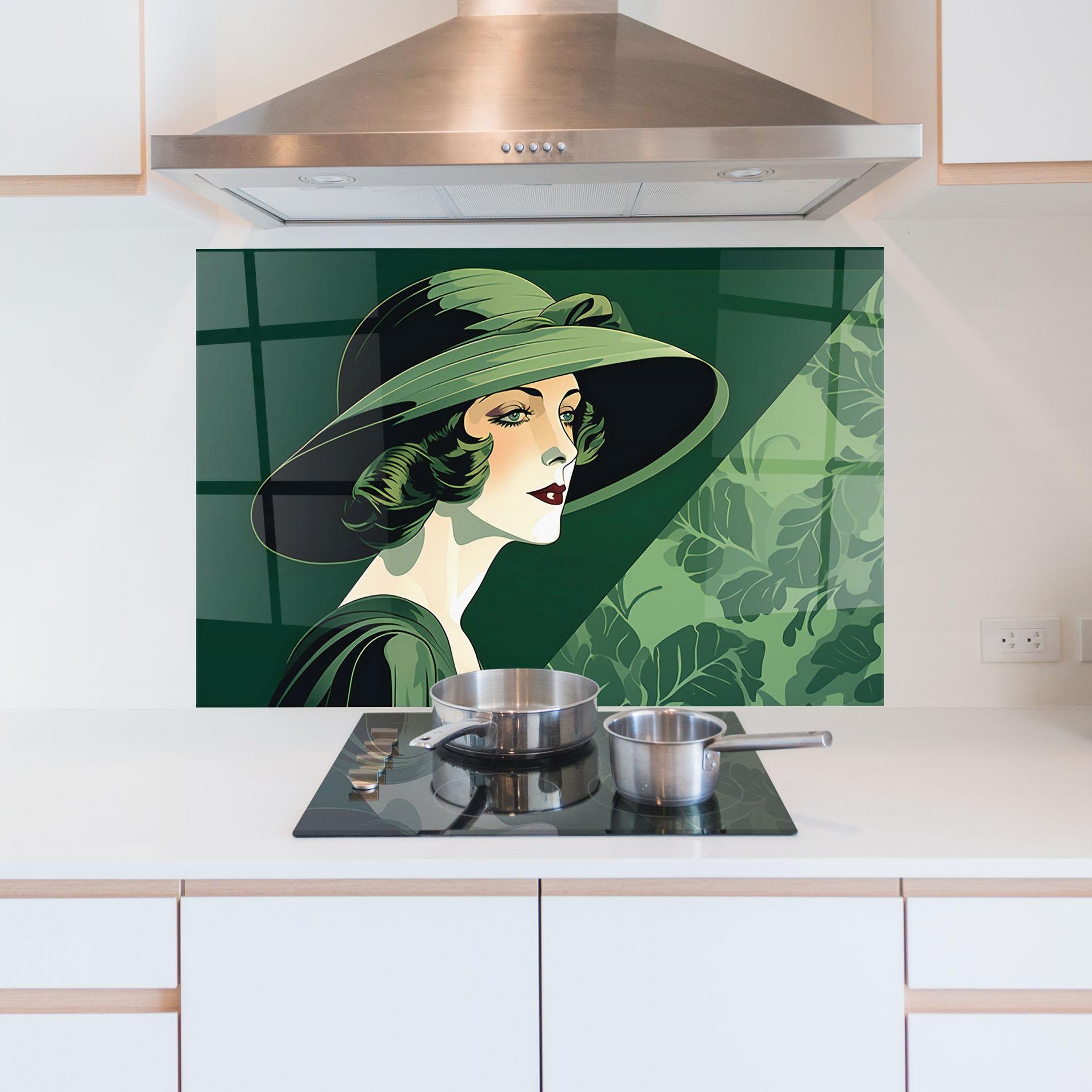 Küchenrückwand Glas Green Woman Painting mockup 5