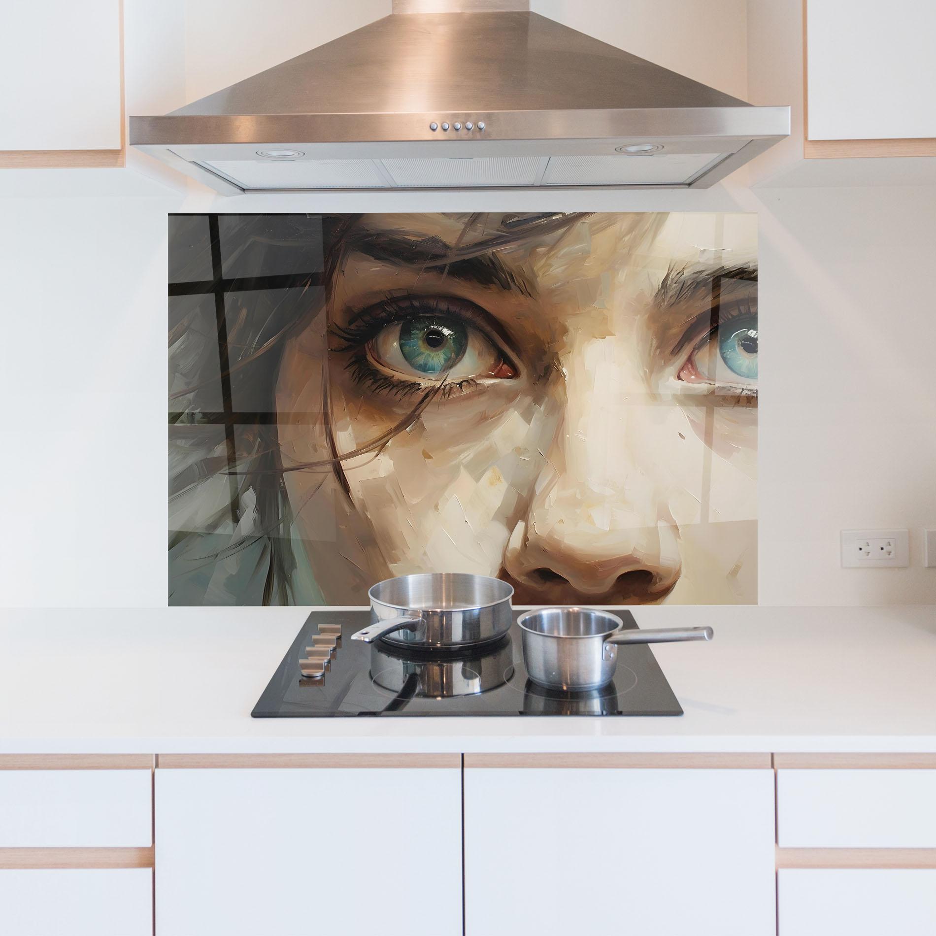 Küchenrückwand Glas Vintage Blue Eyes Art mockup 5
