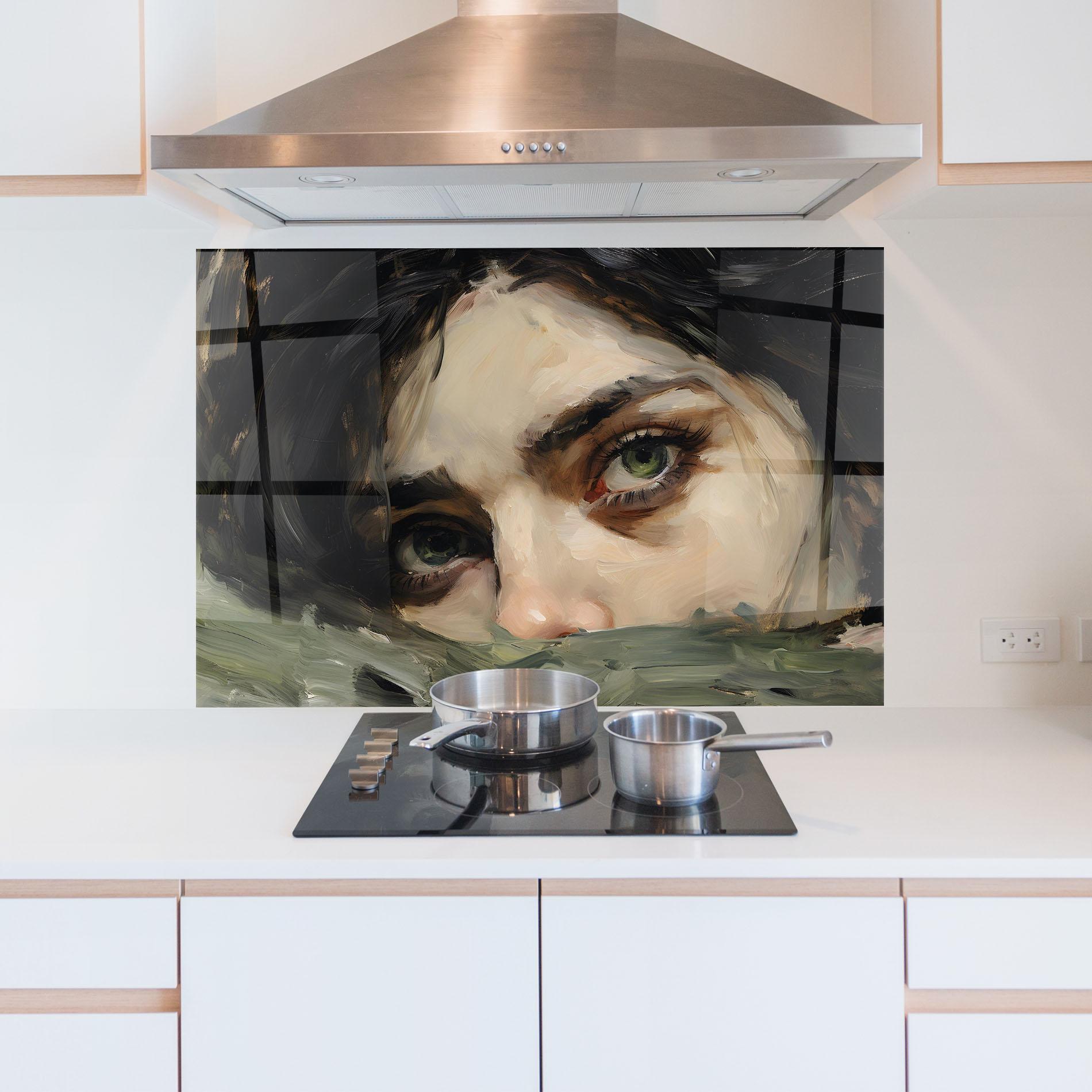 Küchenrückwand Glas Vintage Green Eyes Art mockup 5