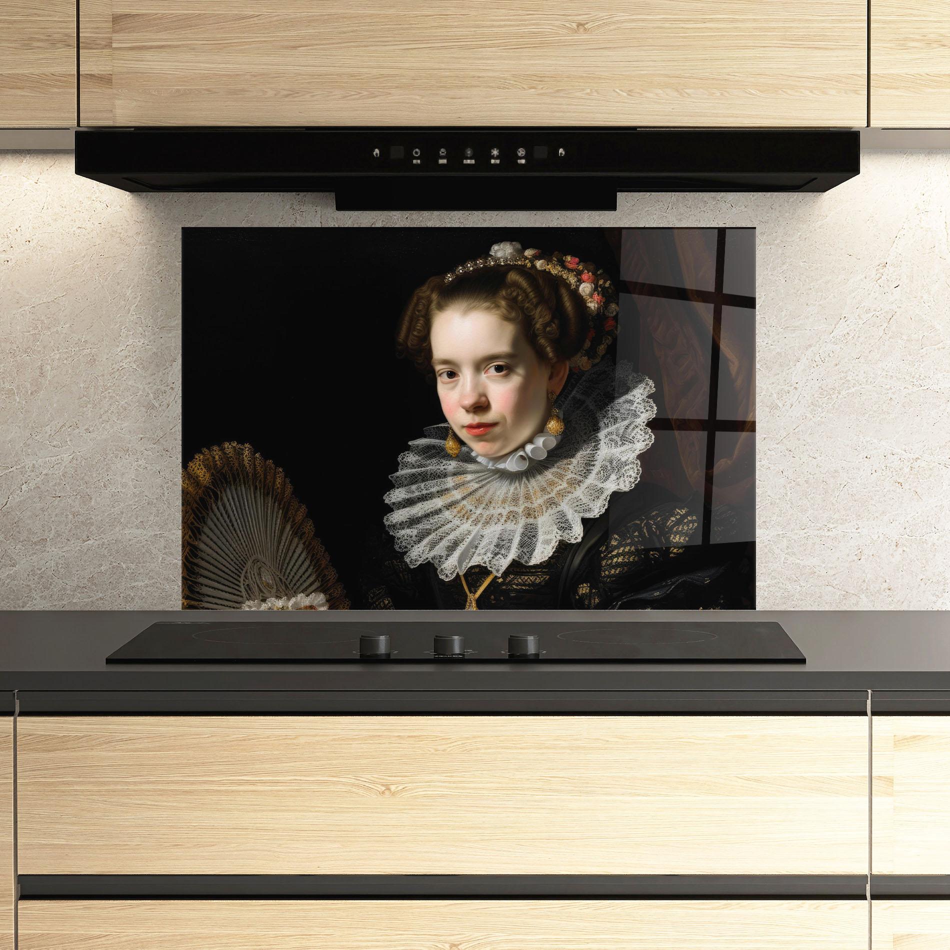 Küchenrückwand Glas Baroque Lady Portrait mockup 3