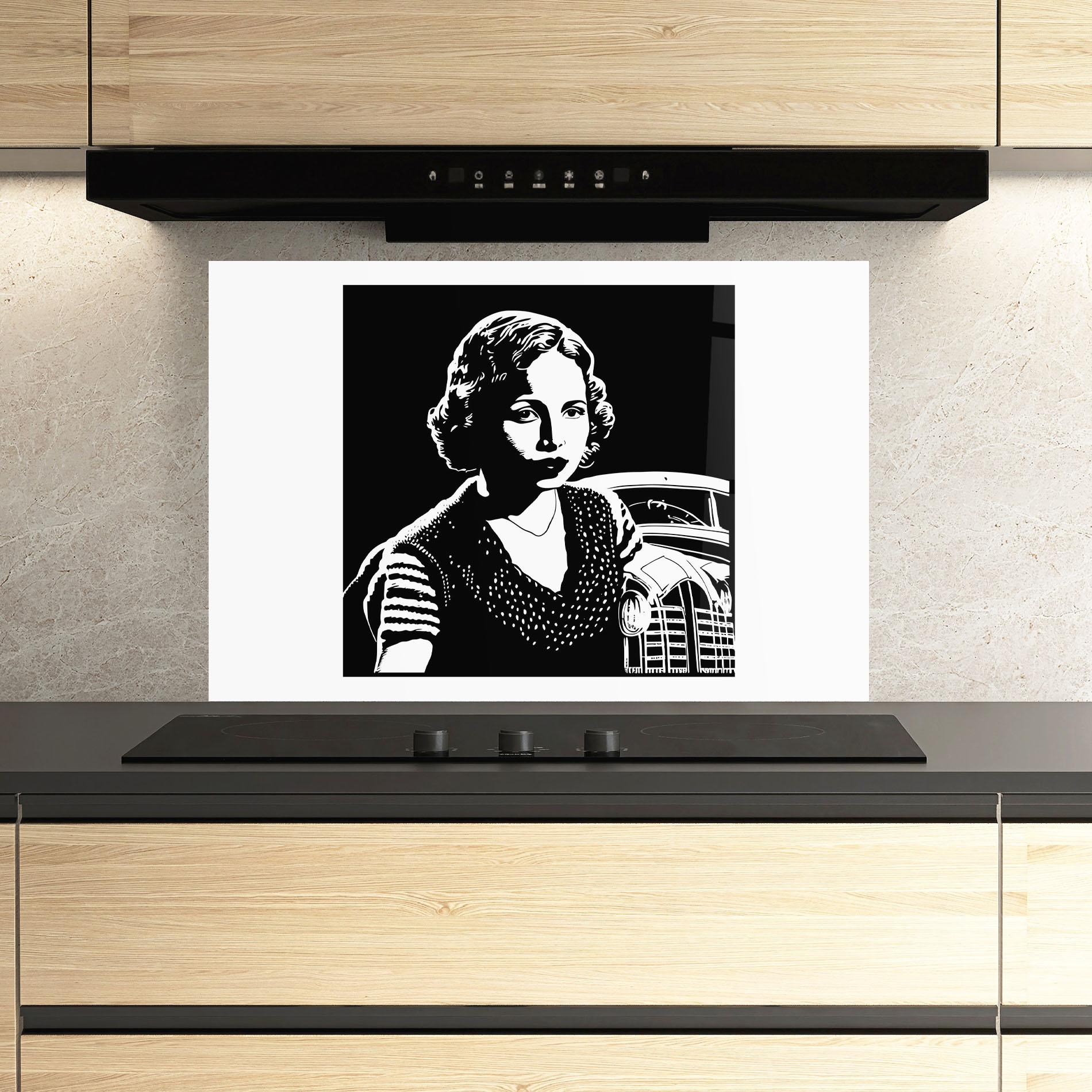 Küchenrückwand Glas Retro Woman mockup 3