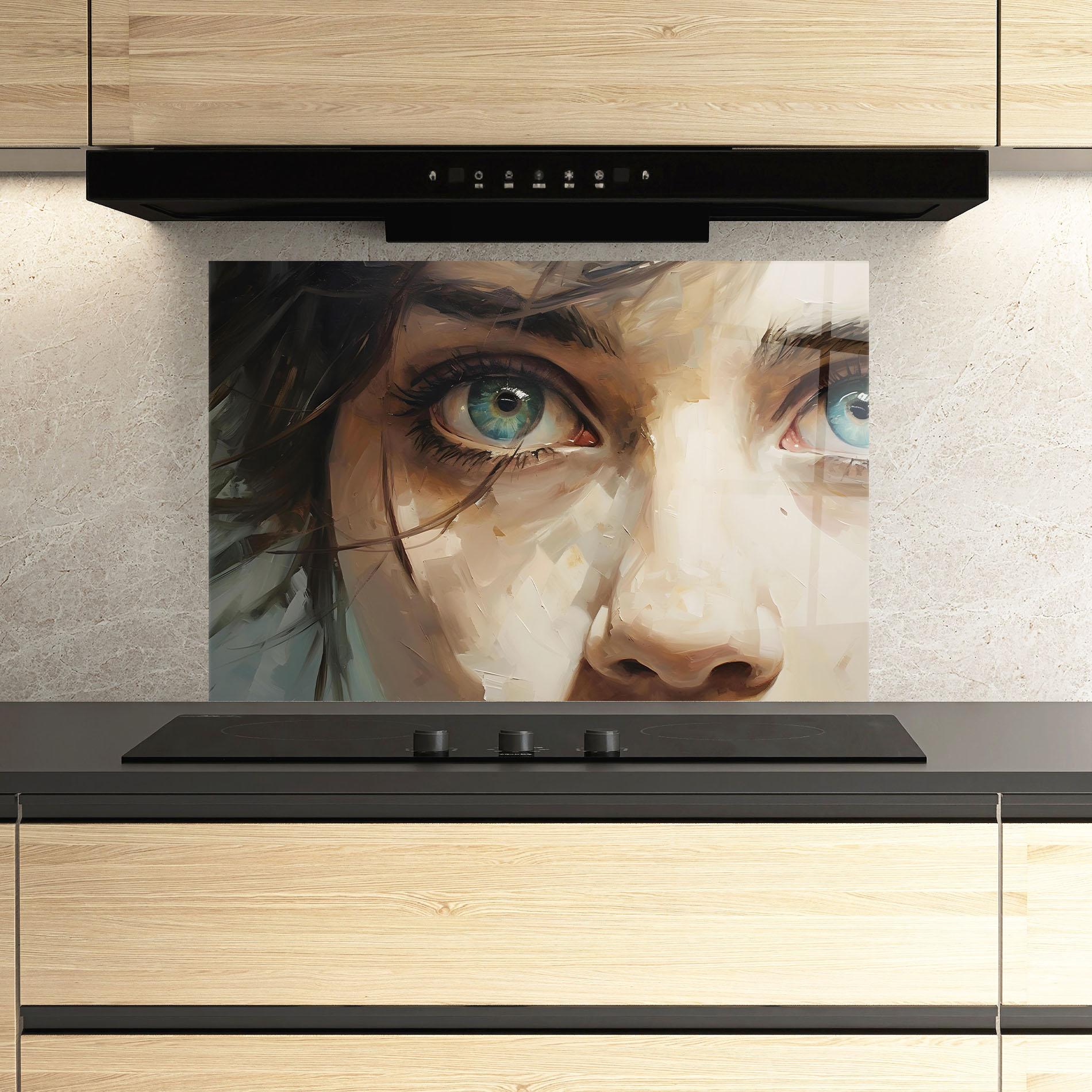 Küchenrückwand Glas Vintage Blue Eyes Art mockup 3