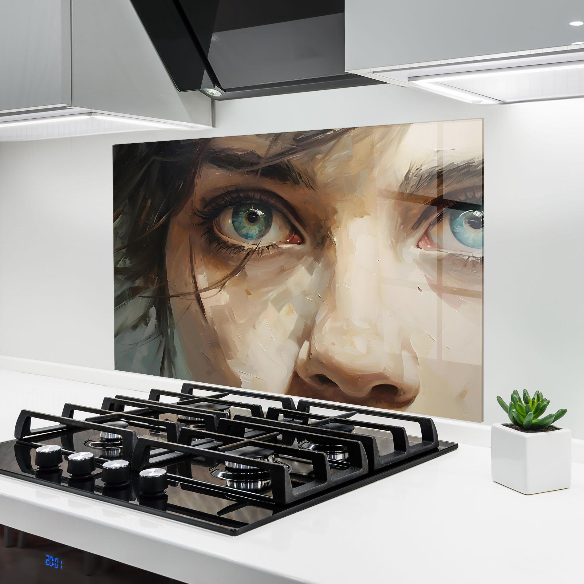 Küchenrückwand Glas Vintage Blue Eyes Art mockup 6