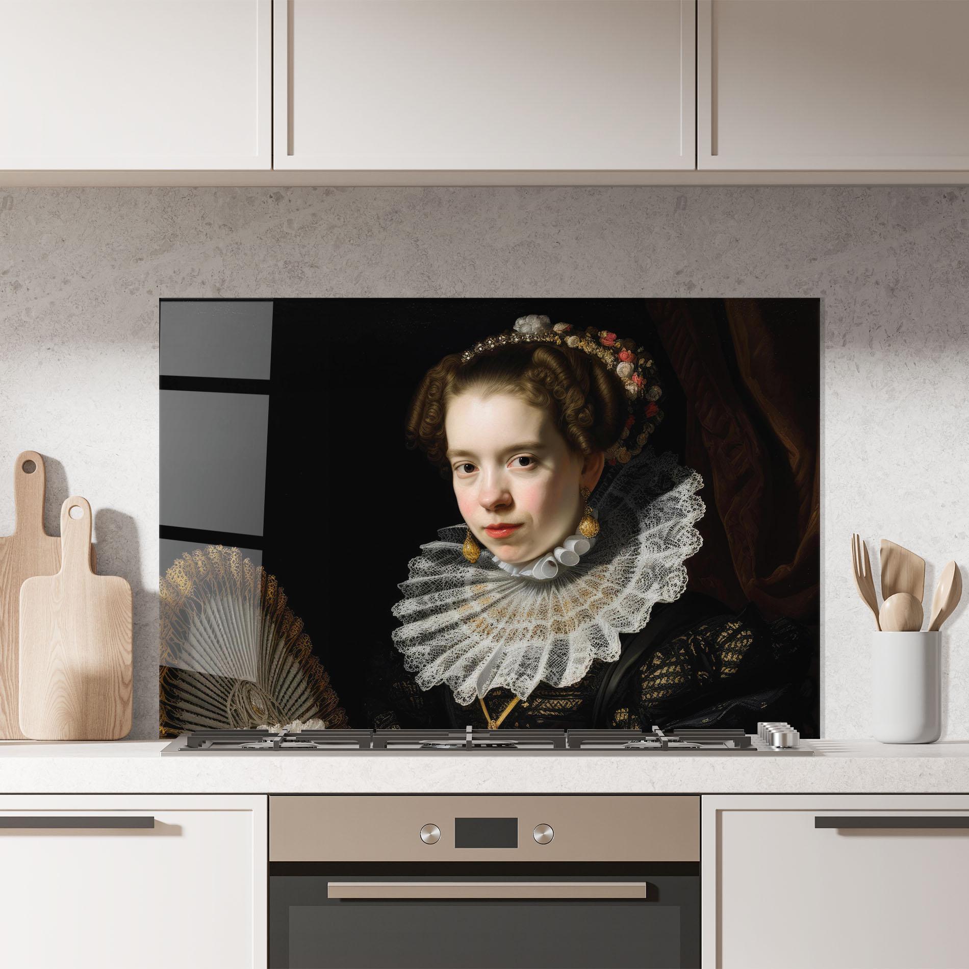 Küchenrückwand Glas Baroque Lady Portrait mockup 7