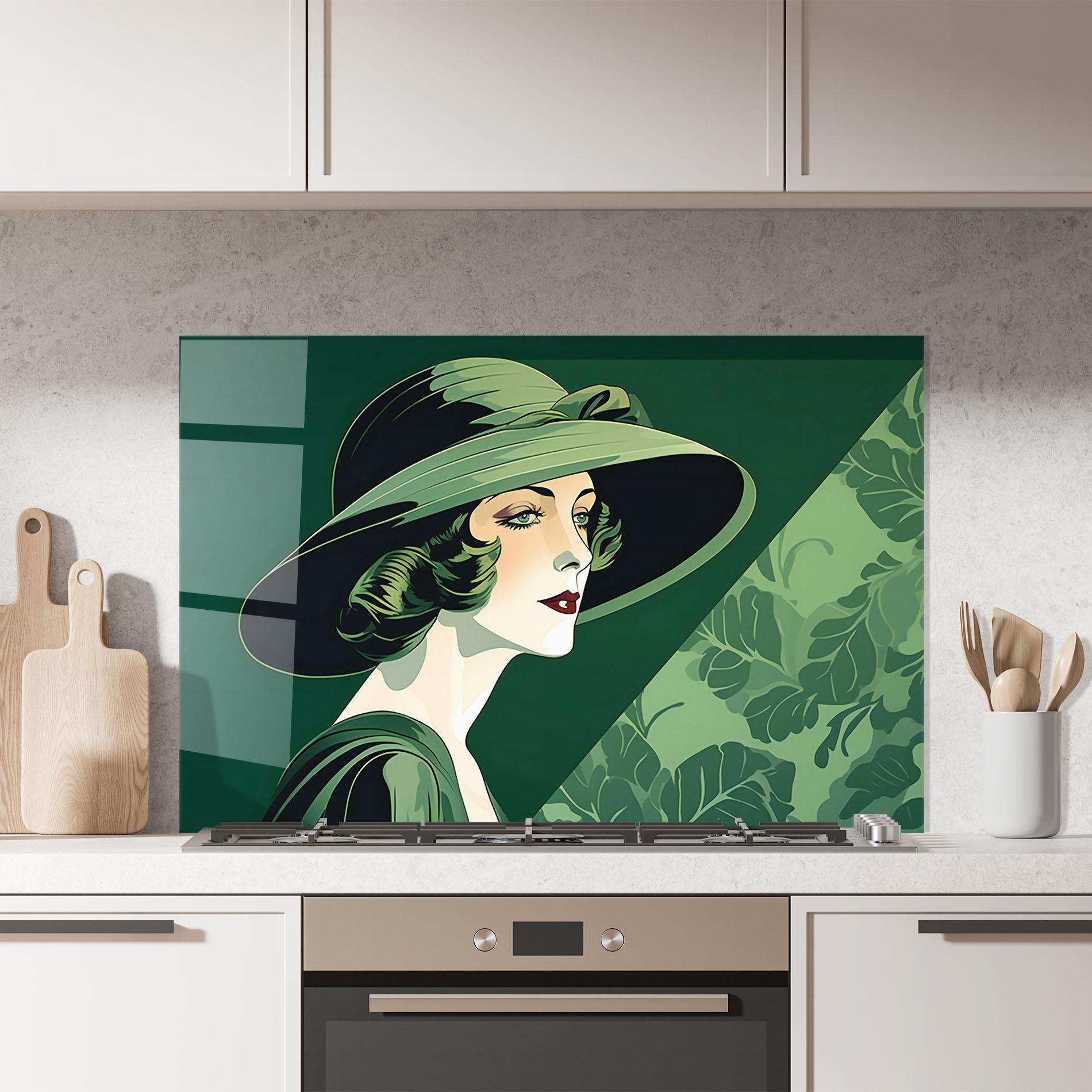 Küchenrückwand Glas Green Woman Painting mockup 7