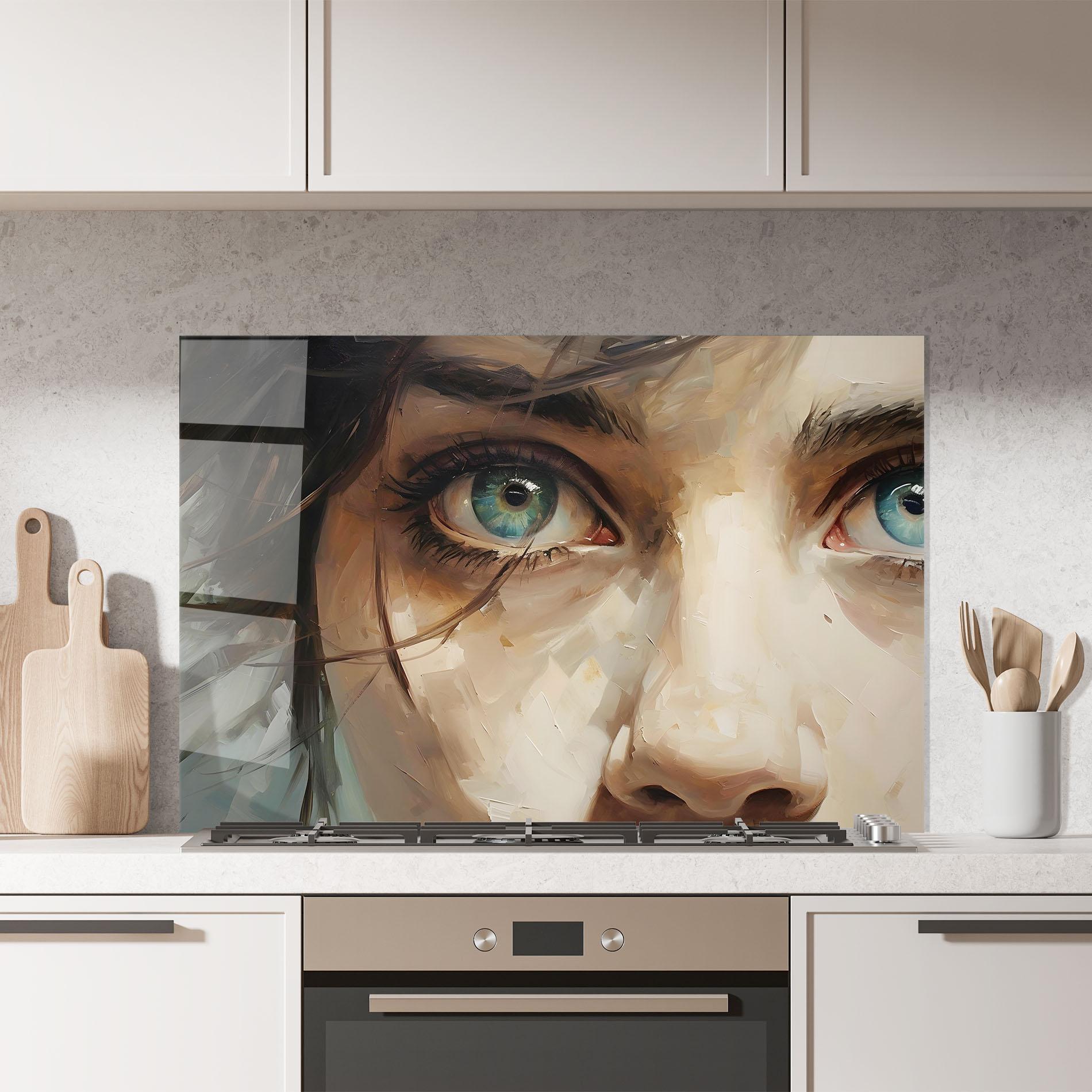 Küchenrückwand Glas Vintage Blue Eyes Art mockup 7
