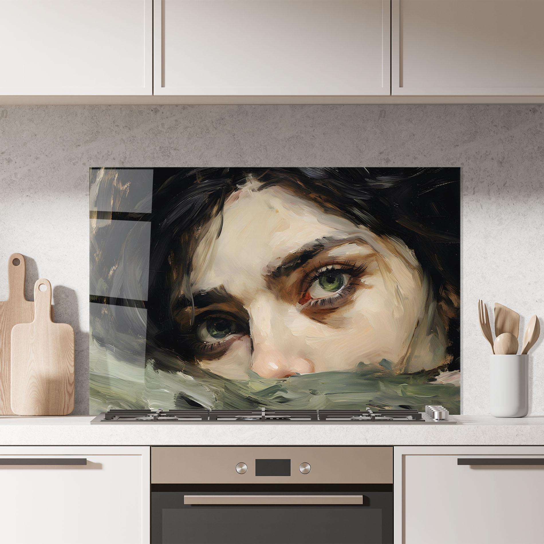 Küchenrückwand Glas Vintage Green Eyes Art mockup 7