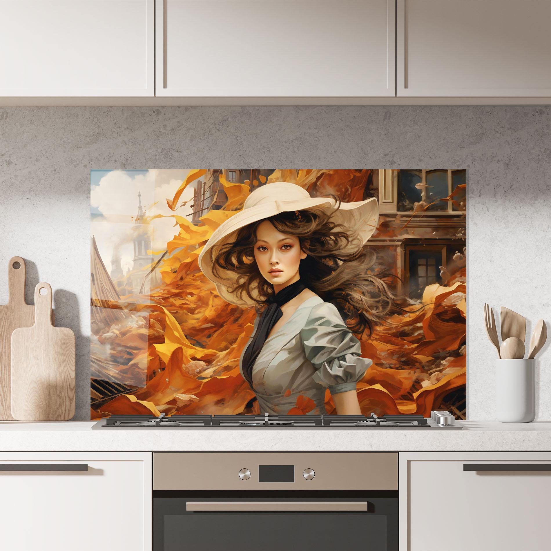 Küchenrückwand Glas Vintage Outfit On Orange mockup 7