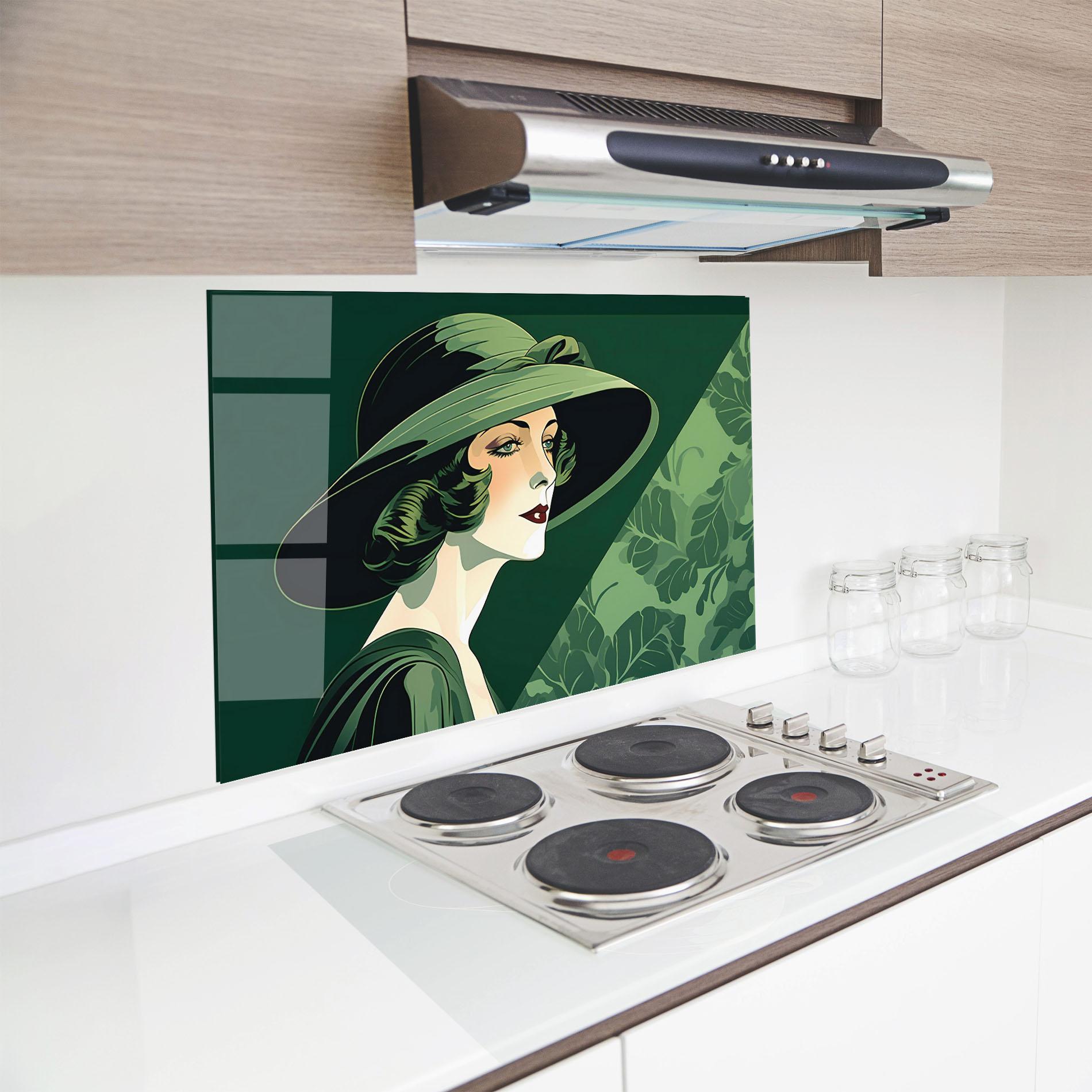 Küchenrückwand Glas Green Woman Painting mockup 8