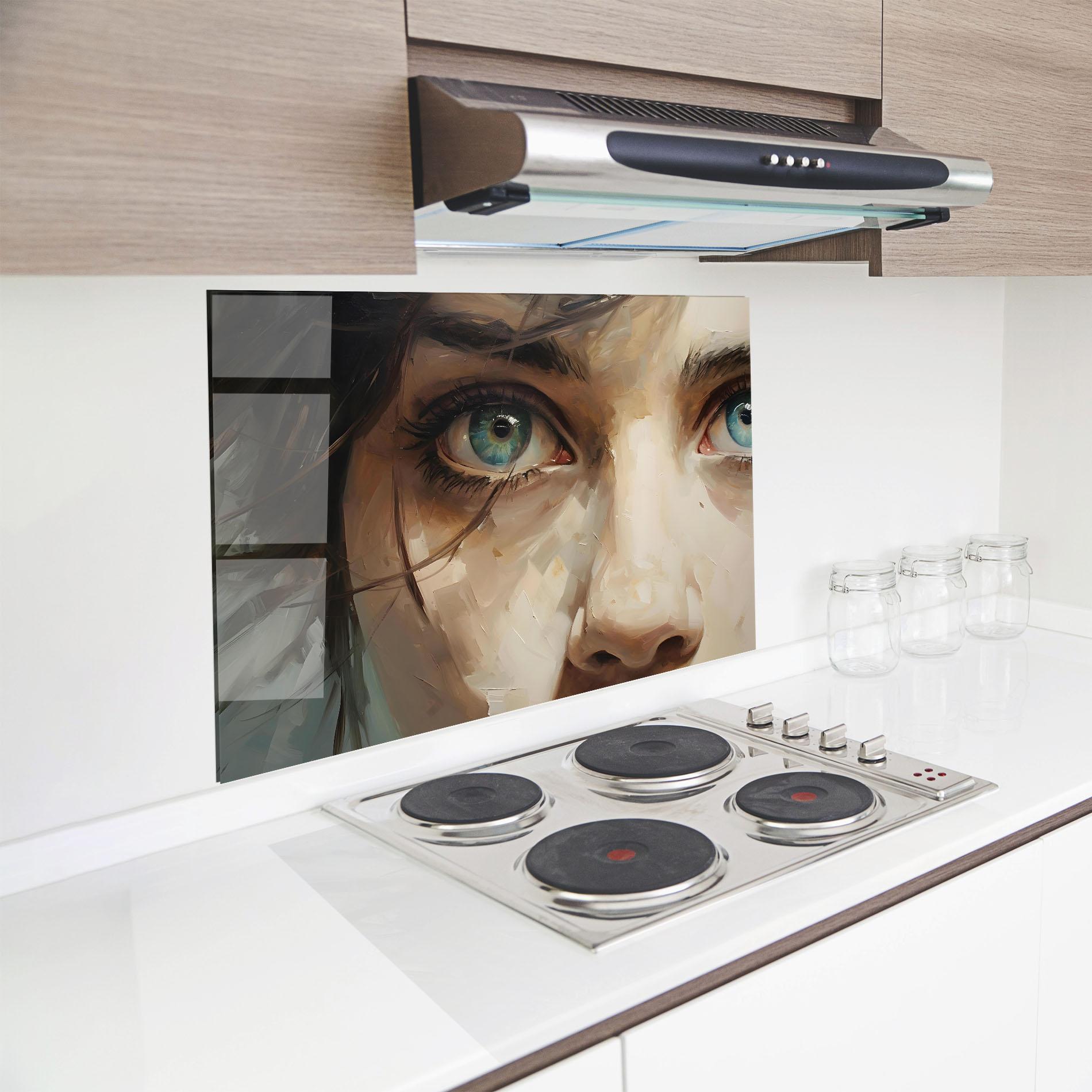 Küchenrückwand Glas Vintage Blue Eyes Art mockup 8
