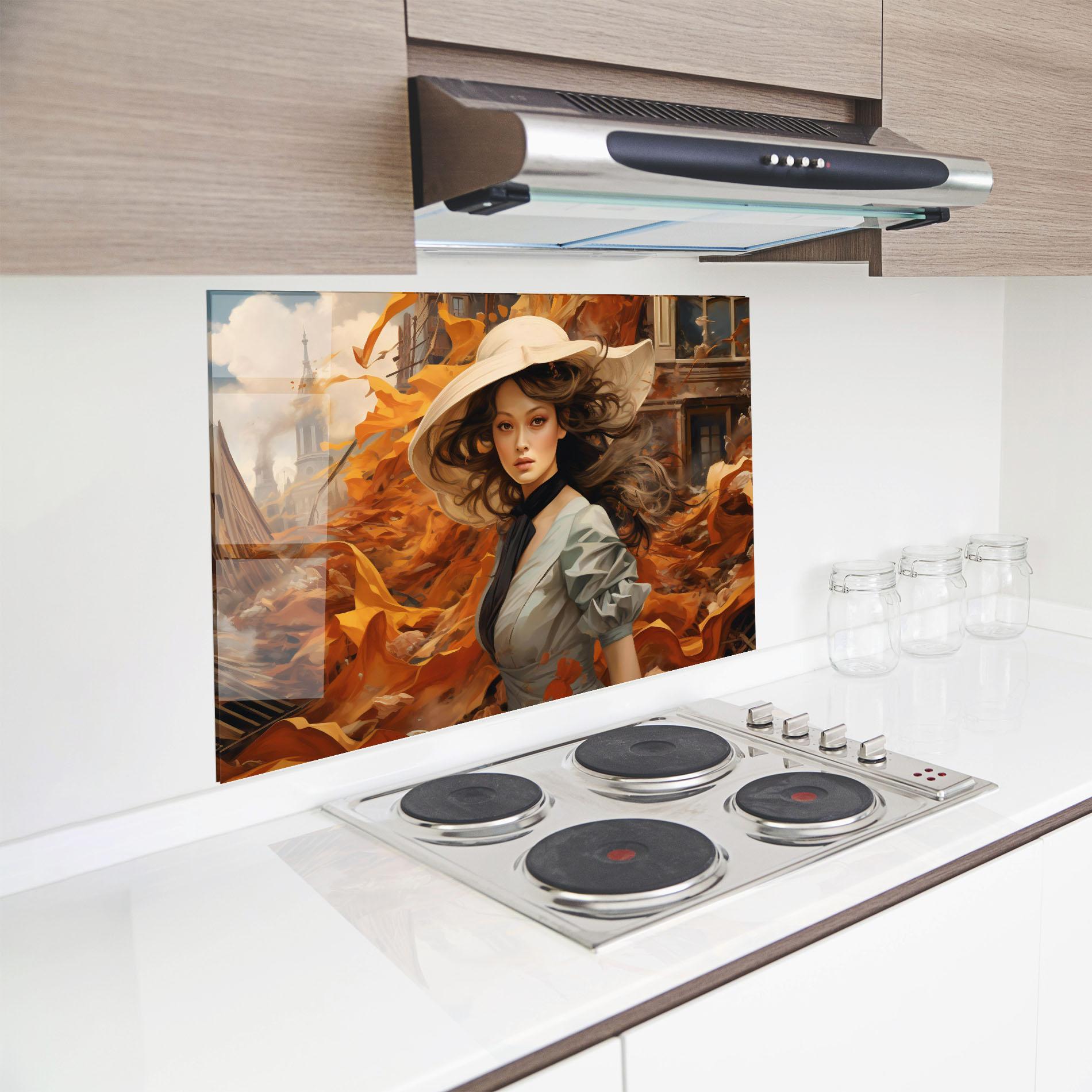 Küchenrückwand Glas Vintage Outfit On Orange mockup 8