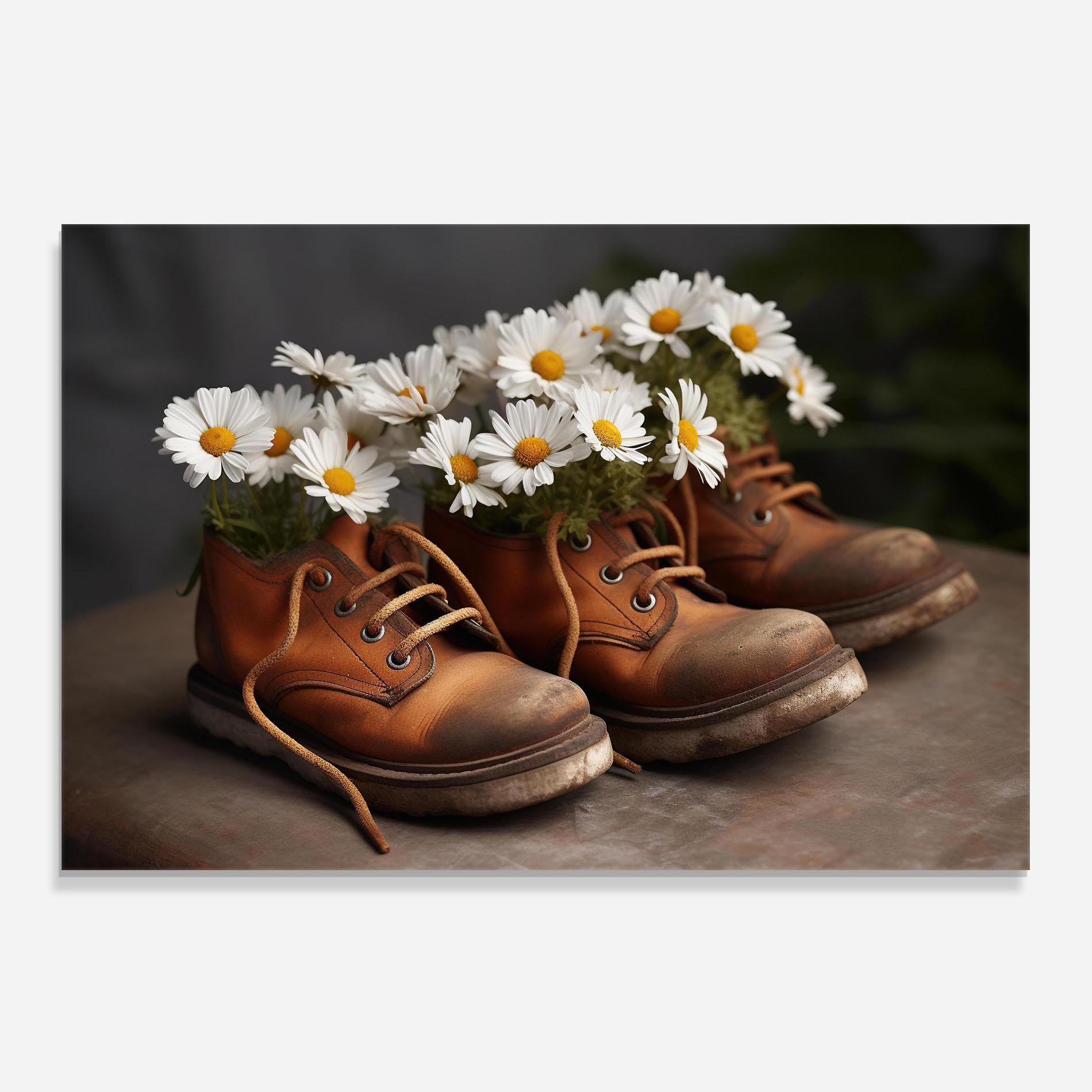 Küchenrückwand Glas Old Boot Flowers mockup 0