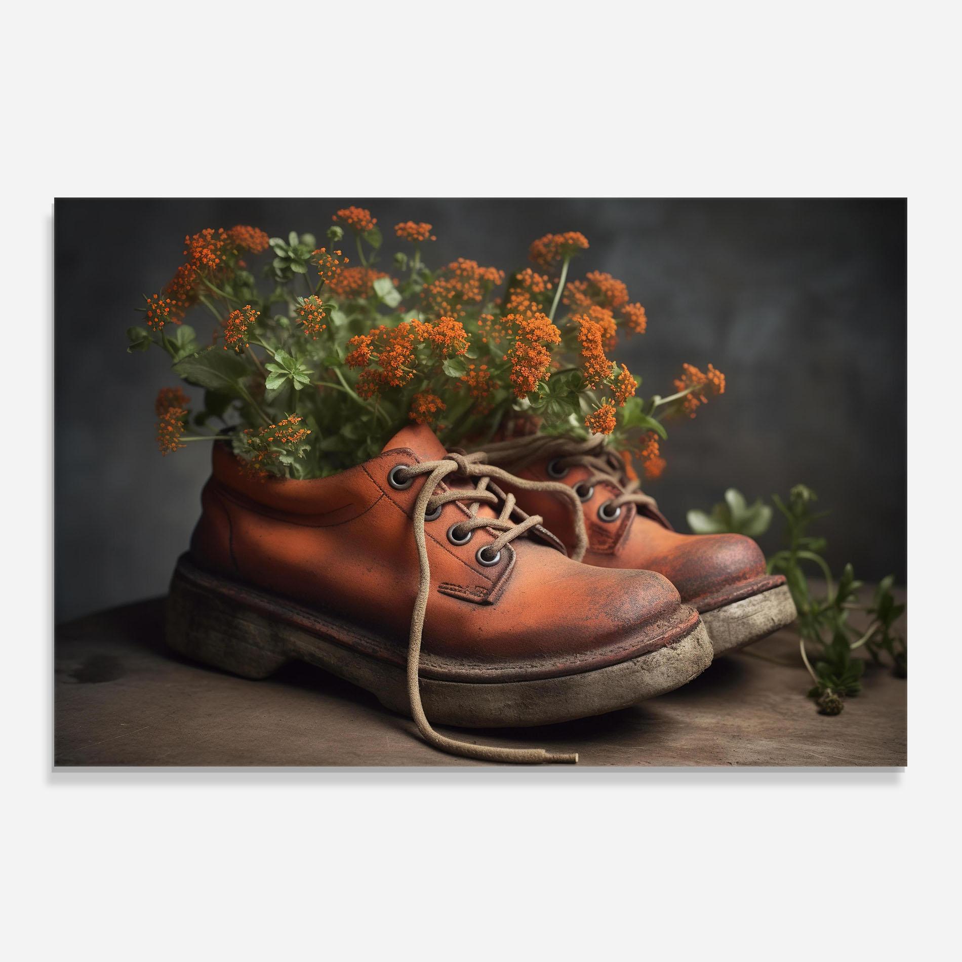 Küchenrückwand Glas Old Boot Spring Flowers mockup 0