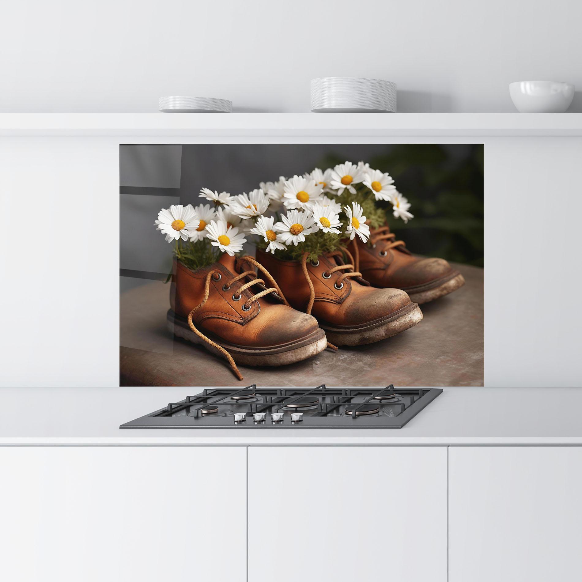 Küchenrückwand Glas Old Boot Flowers mockup 9