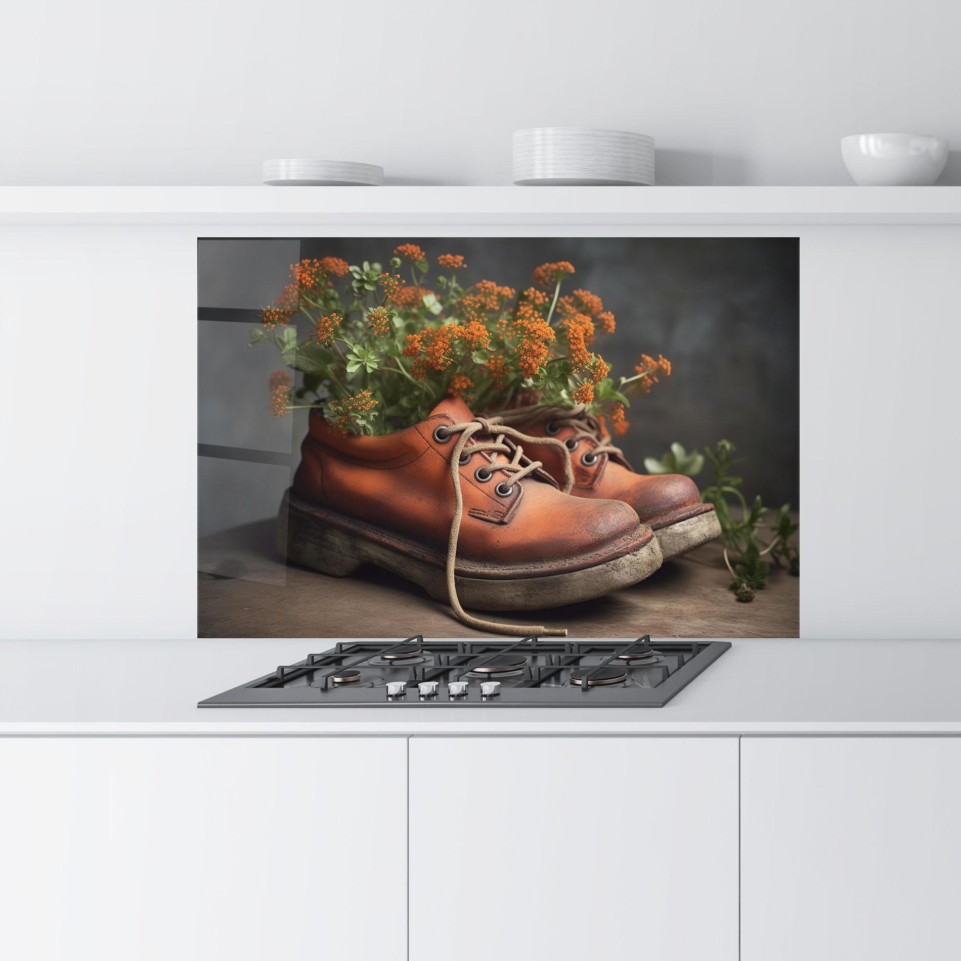 Küchenrückwand Glas Old Boot Spring Flowers mockup 9