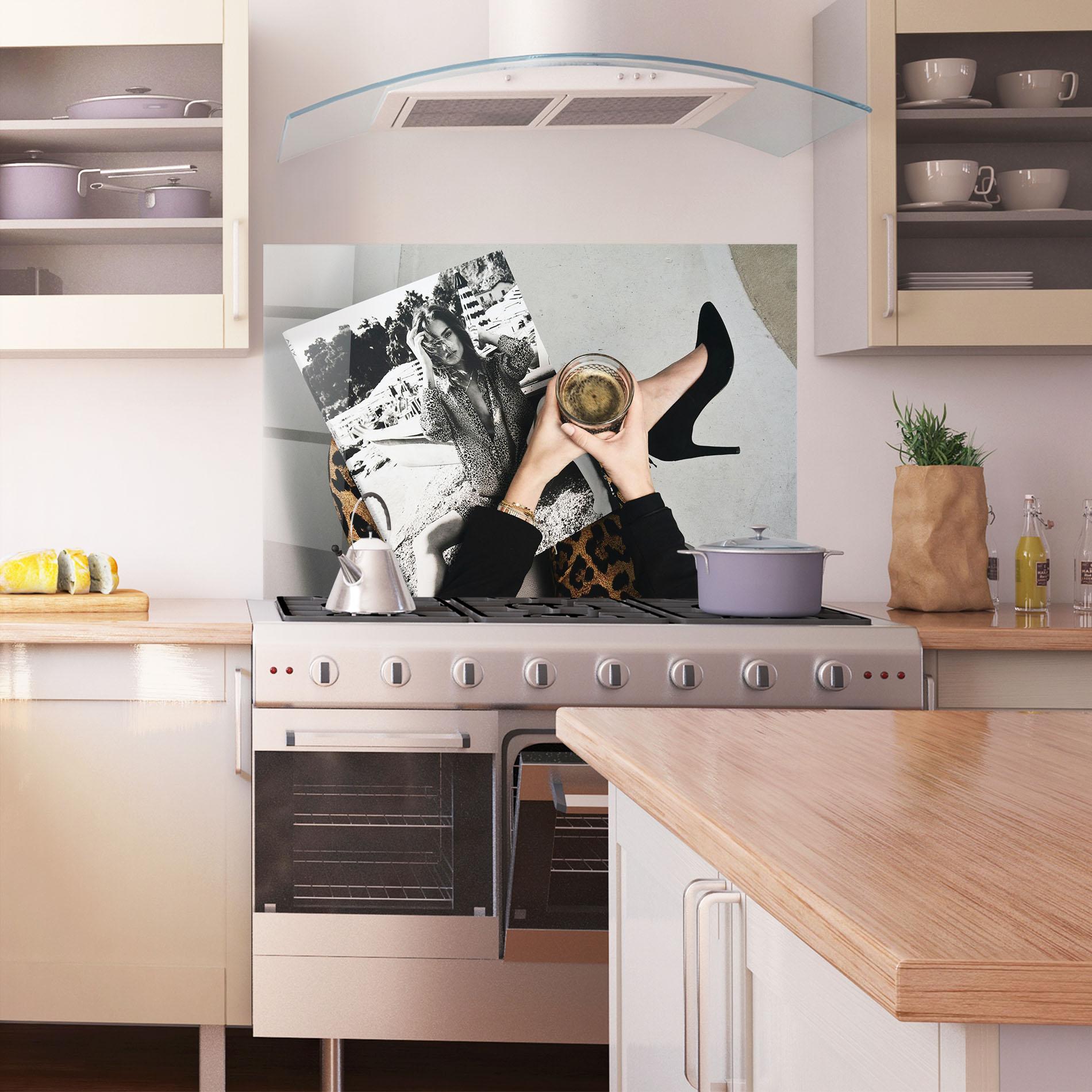Küchenrückwand Glas Black Shoes Holding Coffee mockup 1