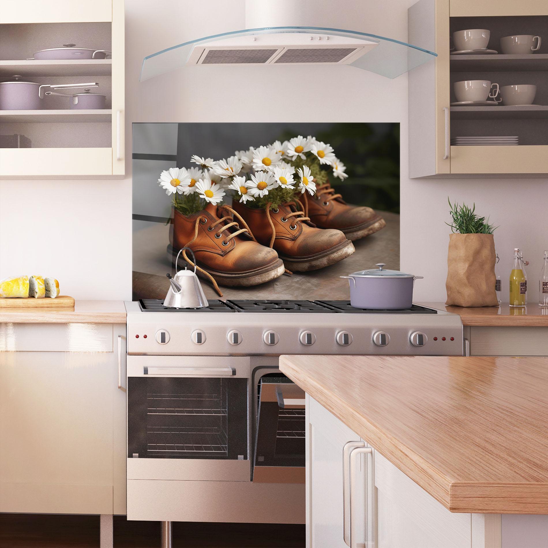 Küchenrückwand Glas Old Boot Flowers mockup 1