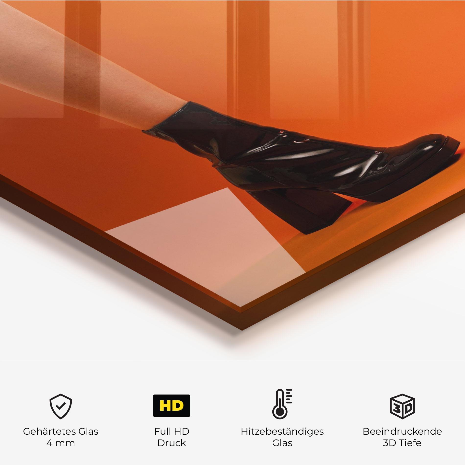 Küchenrückwand Glas Black Boots On Orange mockup 2