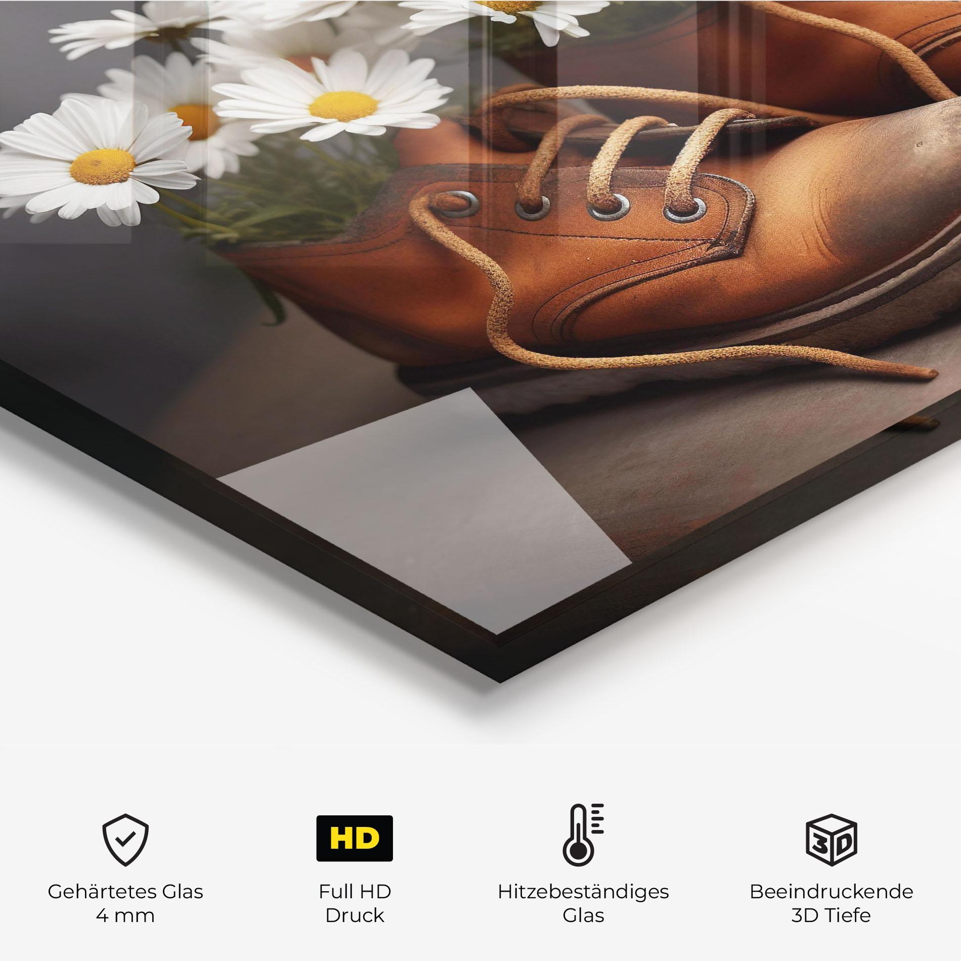 Küchenrückwand Glas Old Boot Flowers mockup 2