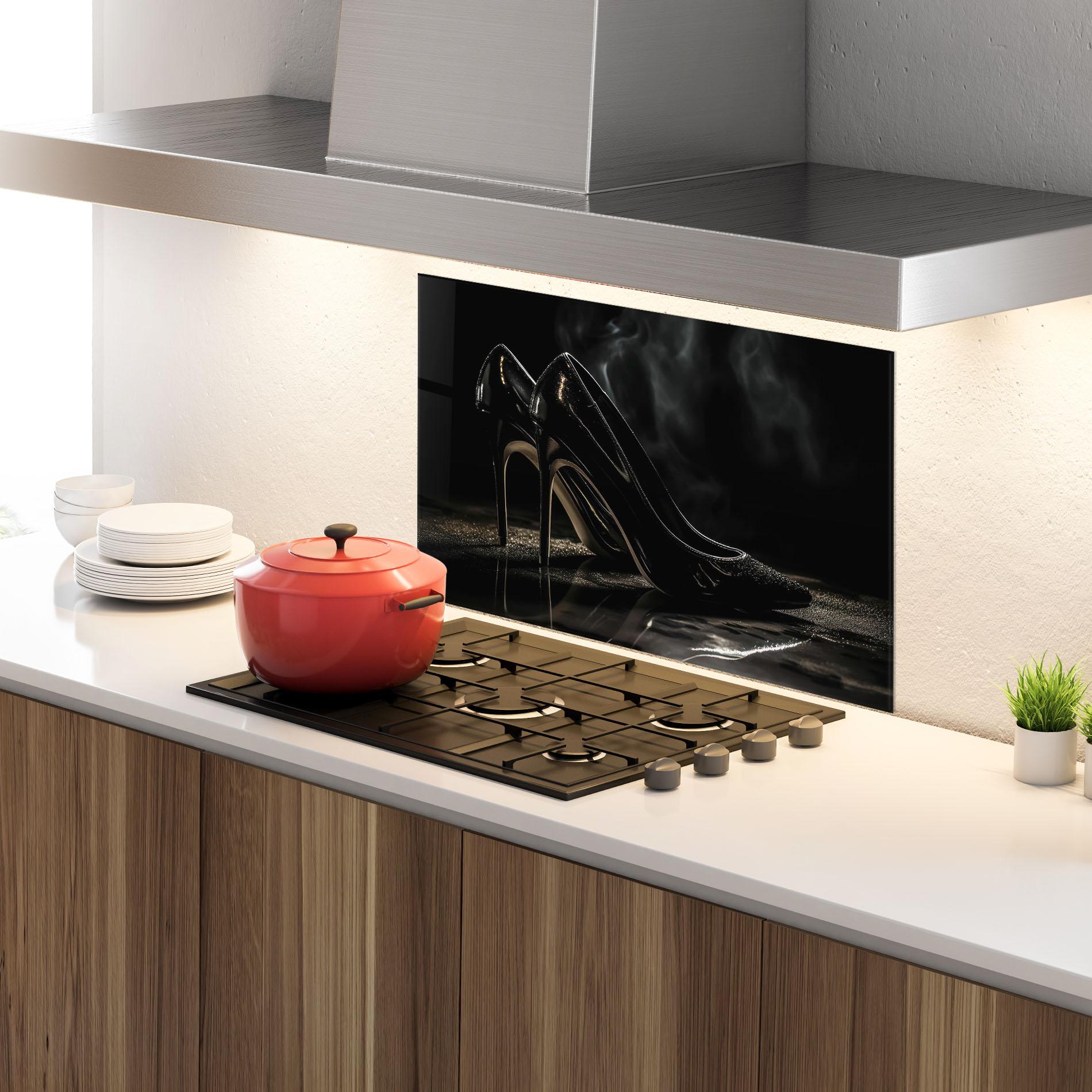 Küchenrückwand Glas Black Leather Shoes mockup 4