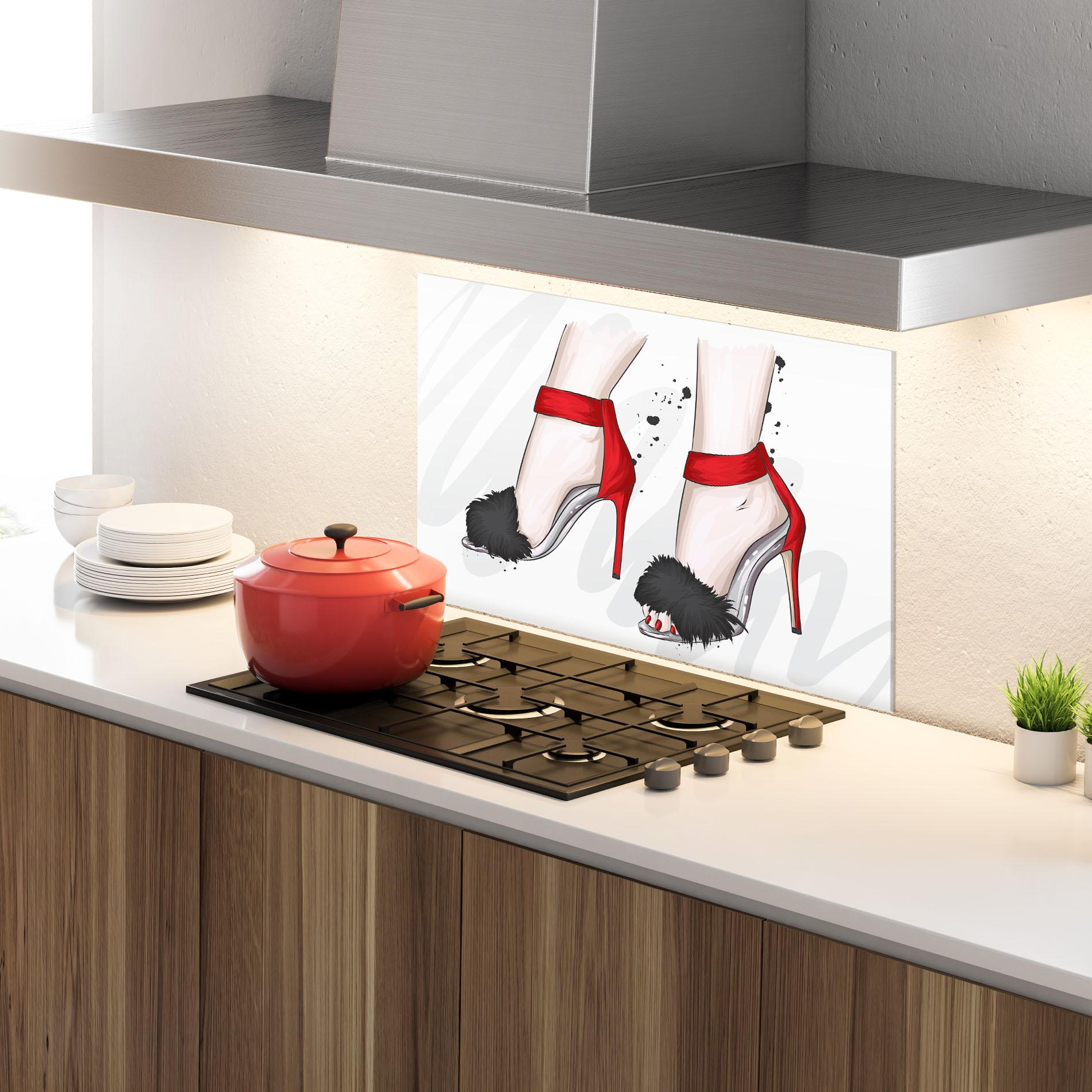 Küchenrückwand Glas Black Red Heels mockup 4