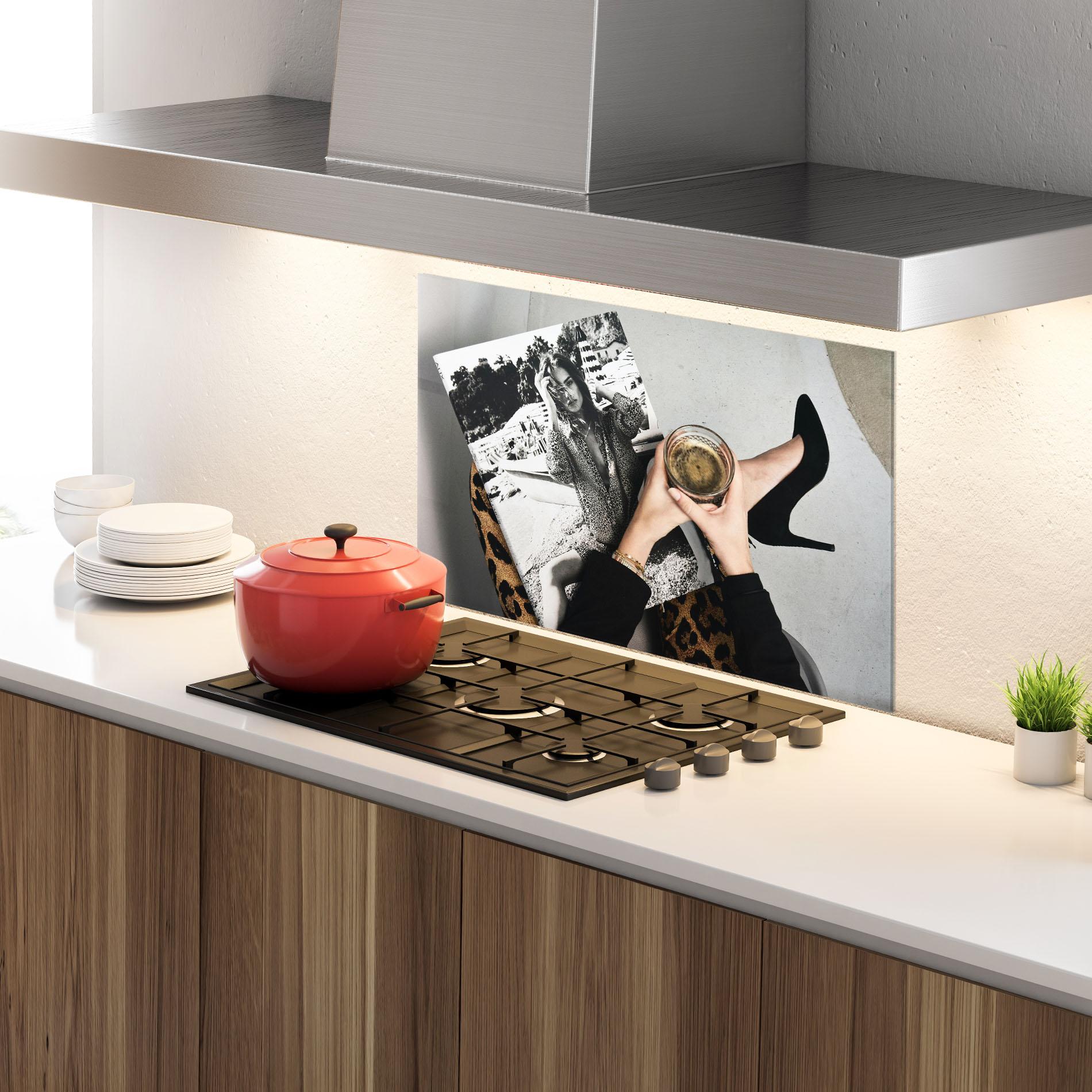 Küchenrückwand Glas Black Shoes Holding Coffee mockup 4
