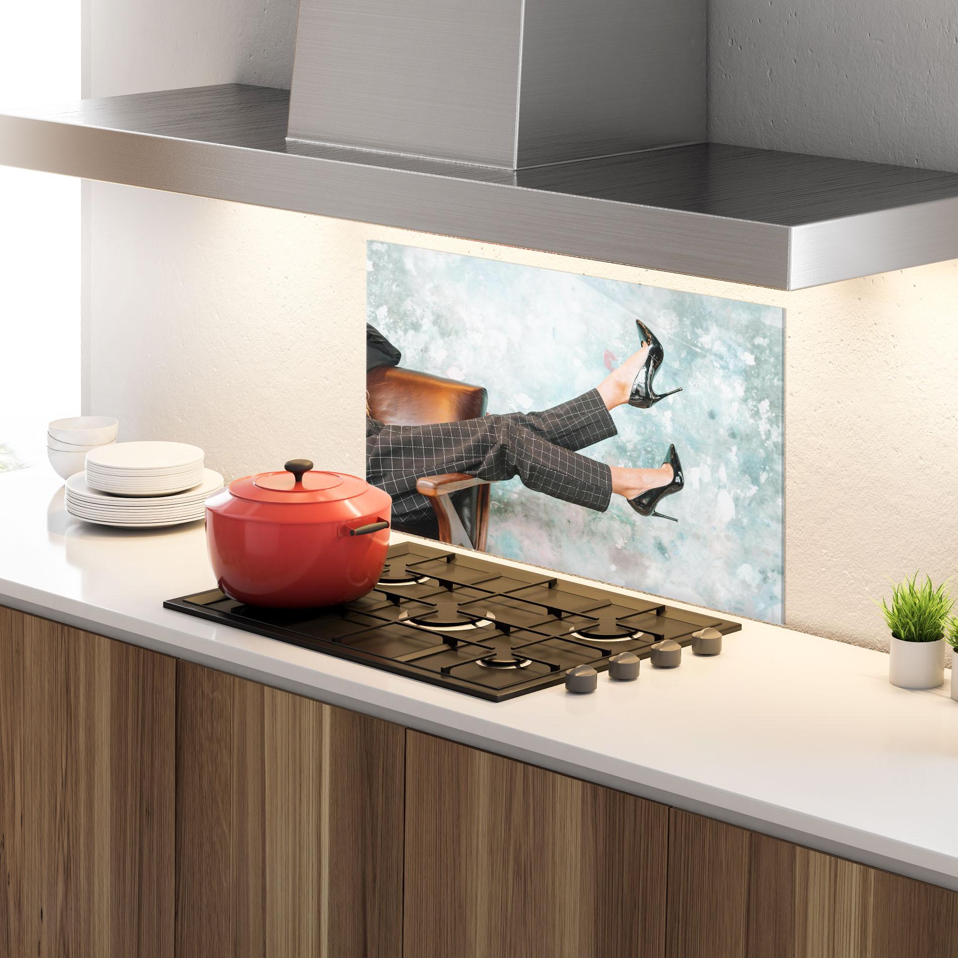 Küchenrückwand Glas Black Shoes On Chair mockup 4