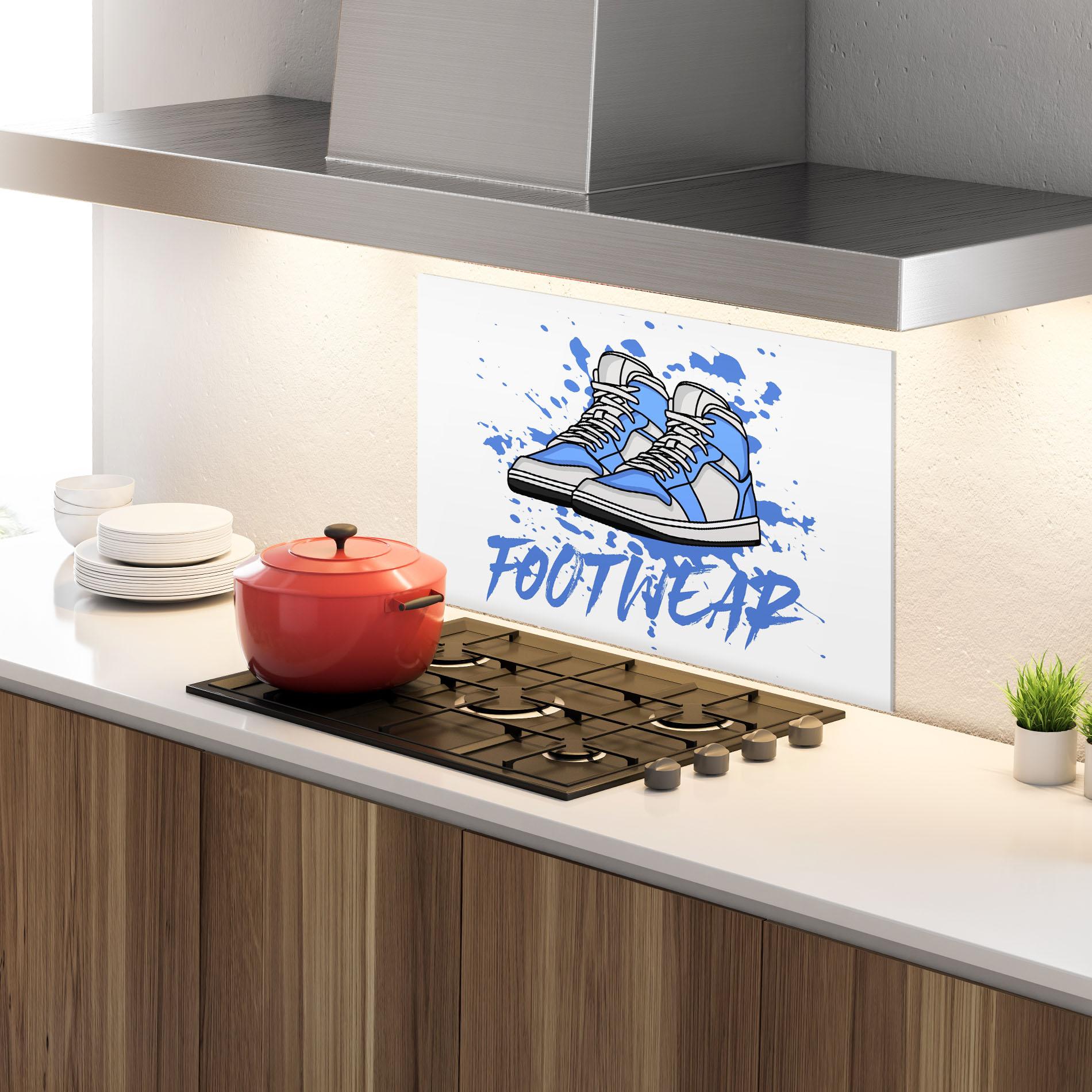 Küchenrückwand Glas Blue Footwear mockup 4