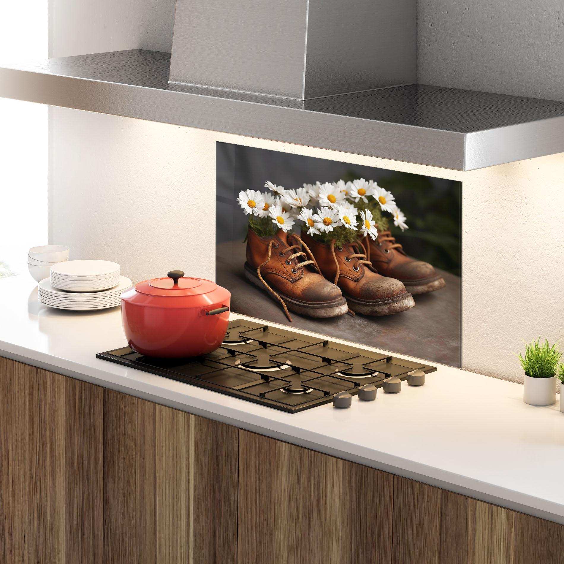 Küchenrückwand Glas Old Boot Flowers mockup 4