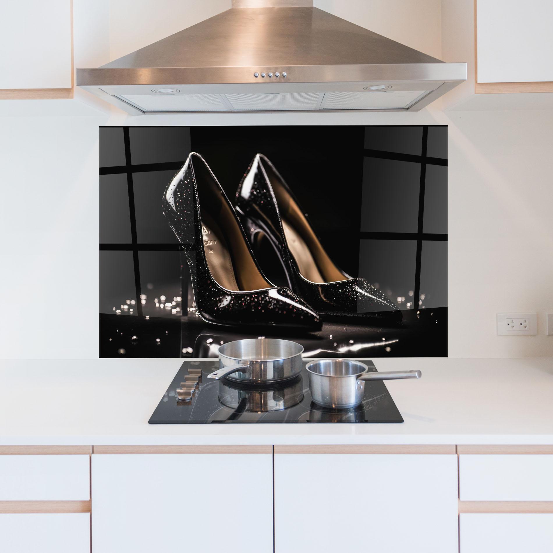 Küchenrückwand Glas Black Leather Shoe mockup 5