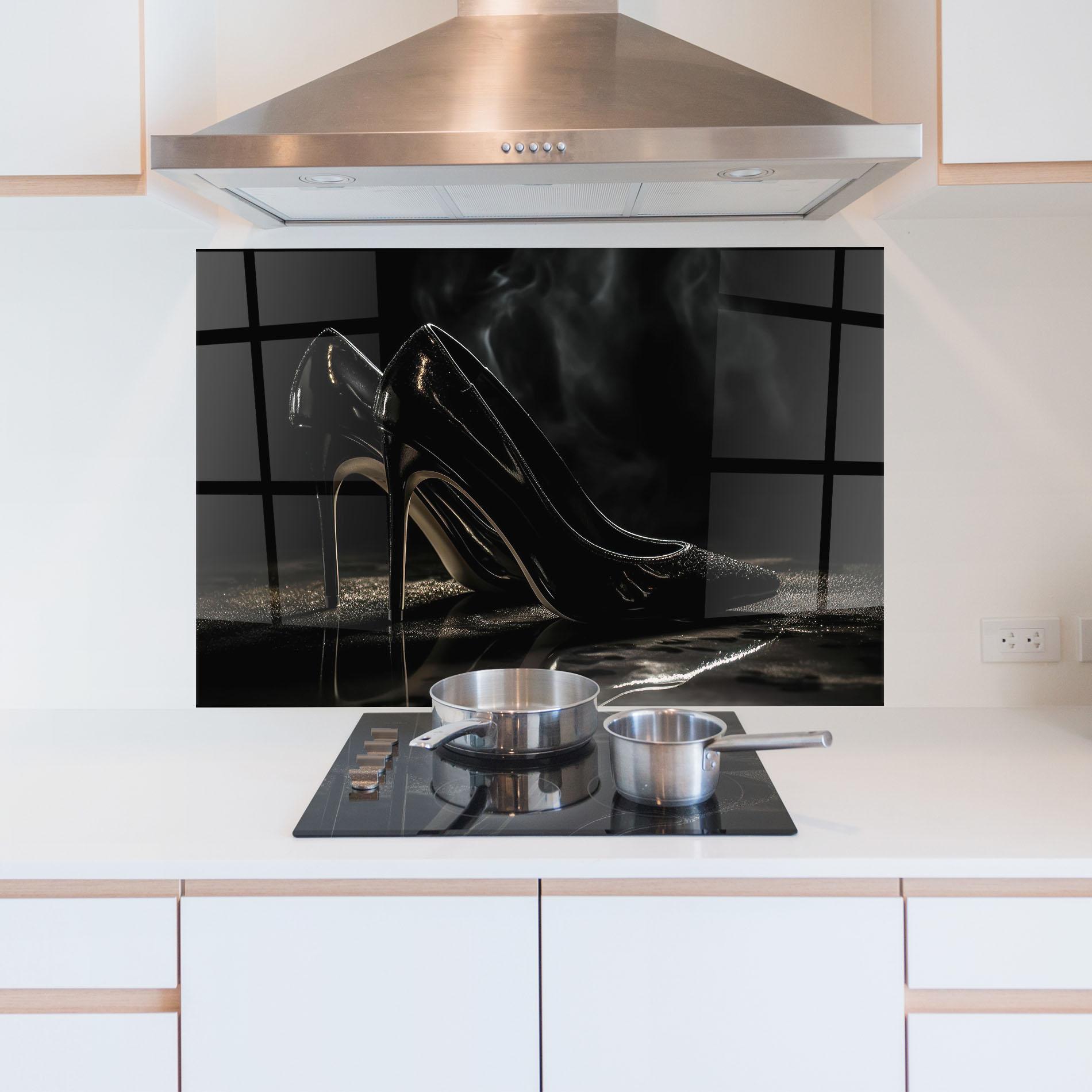 Küchenrückwand Glas Black Leather Shoes mockup 5
