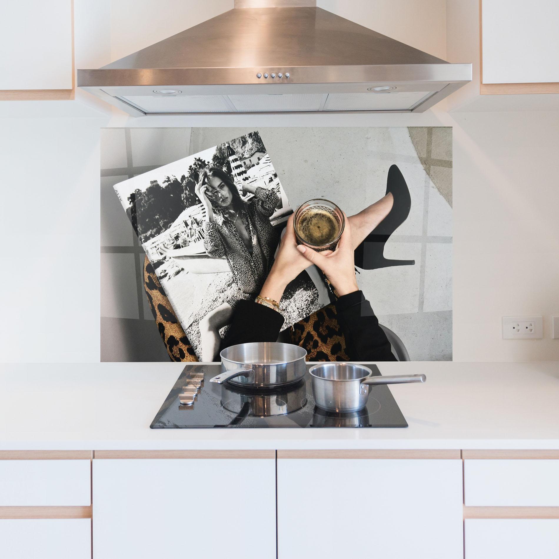 Küchenrückwand Glas Black Shoes Holding Coffee mockup 5