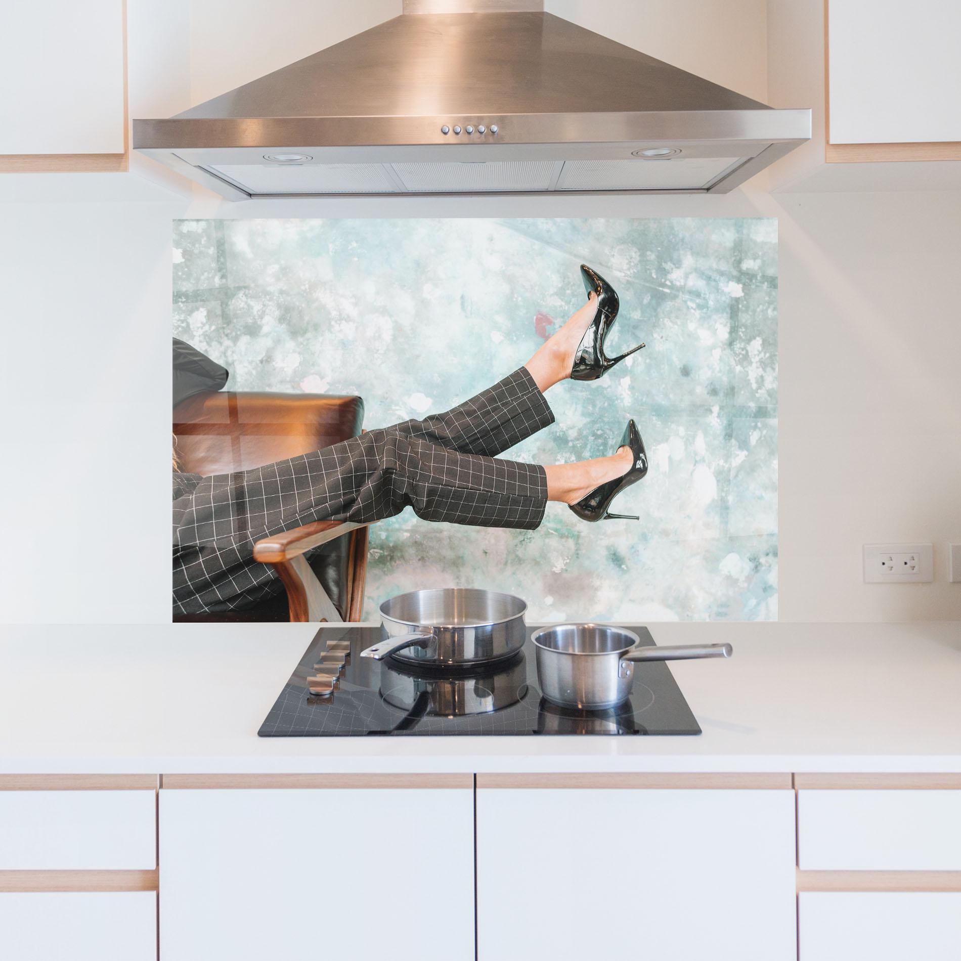 Küchenrückwand Glas Black Shoes On Chair mockup 5