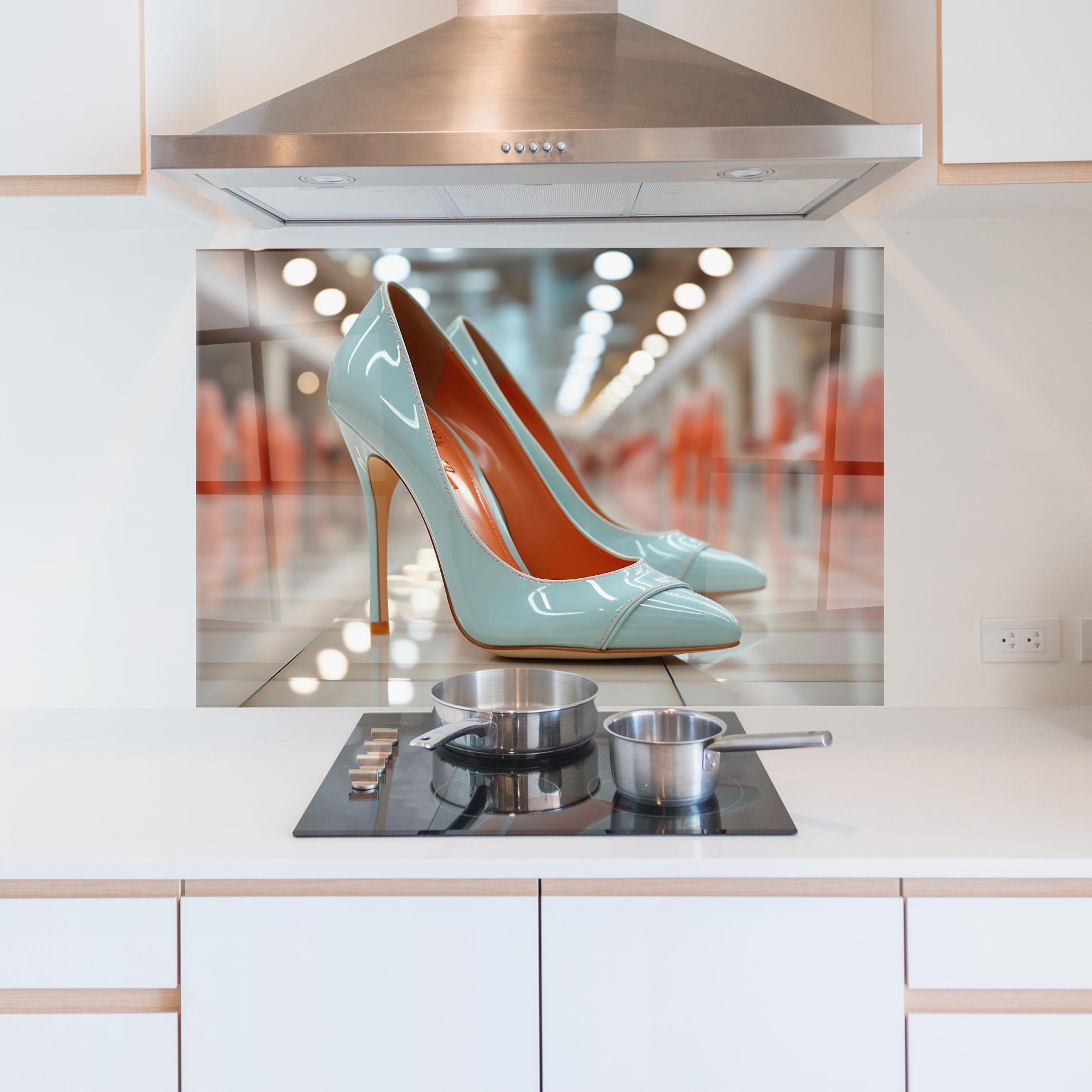 Küchenrückwand Glas Light Blue Heels mockup 5
