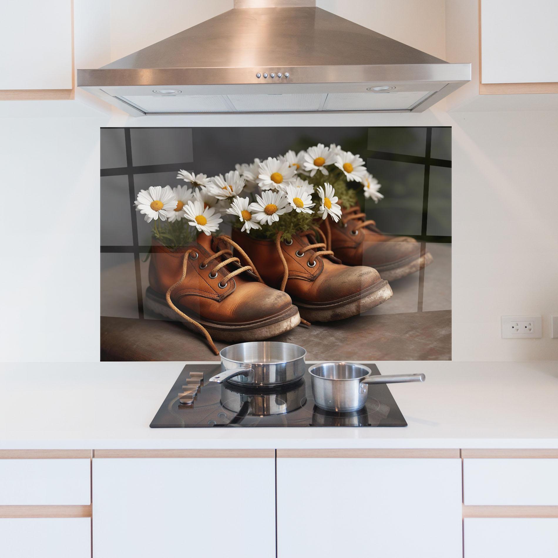 Küchenrückwand Glas Old Boot Flowers mockup 5