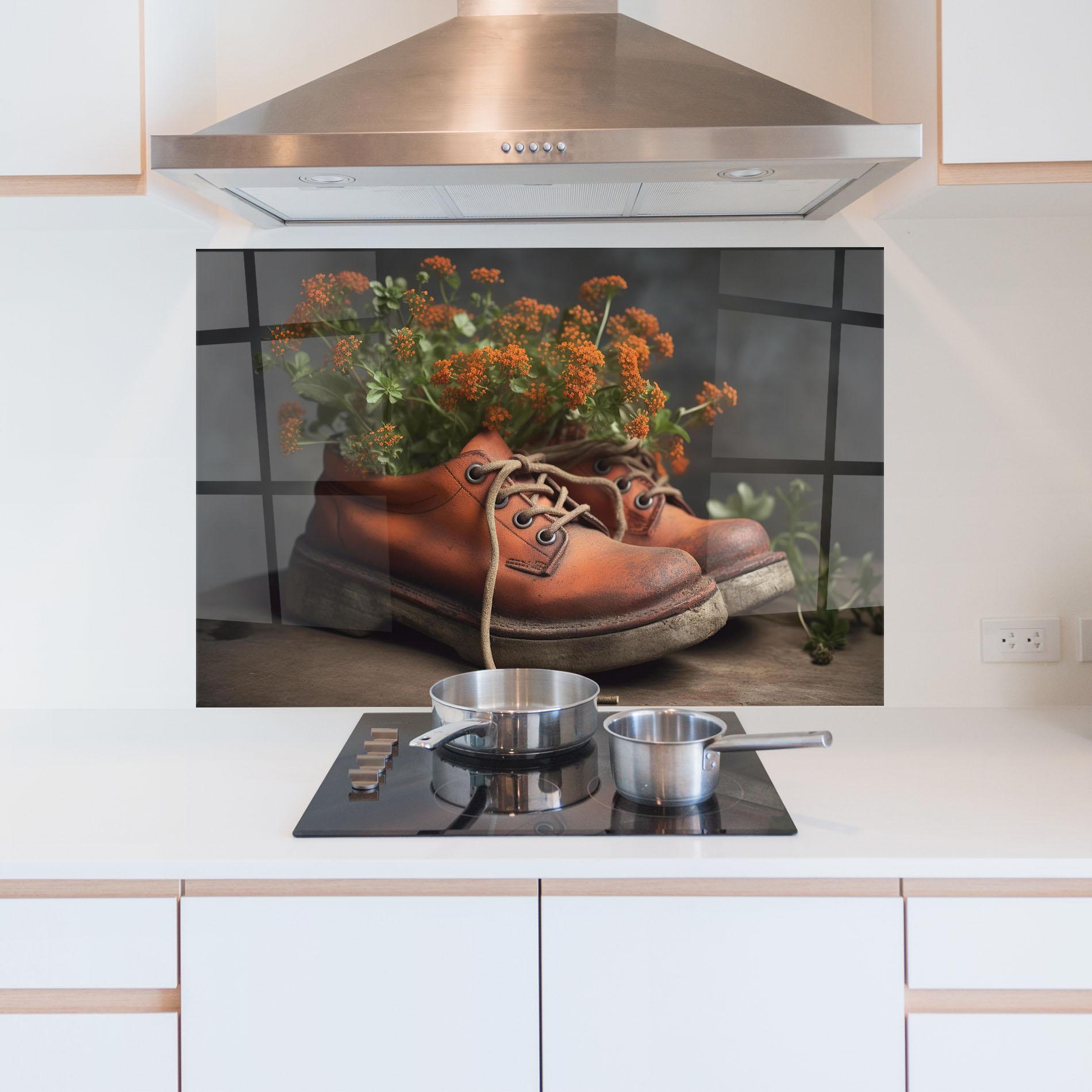 Küchenrückwand Glas Old Boot Spring Flowers mockup 5