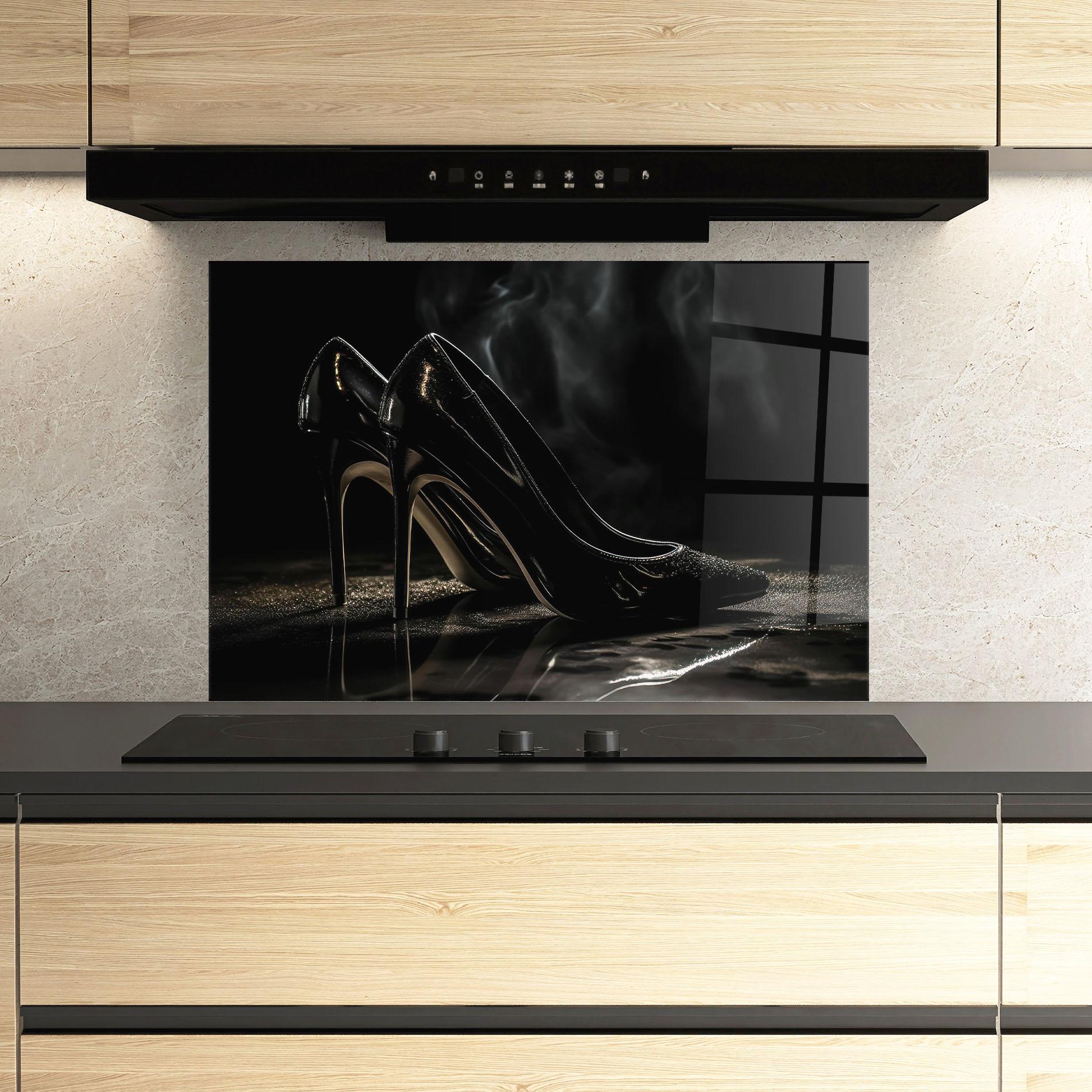 Küchenrückwand Glas Black Leather Shoes mockup 3