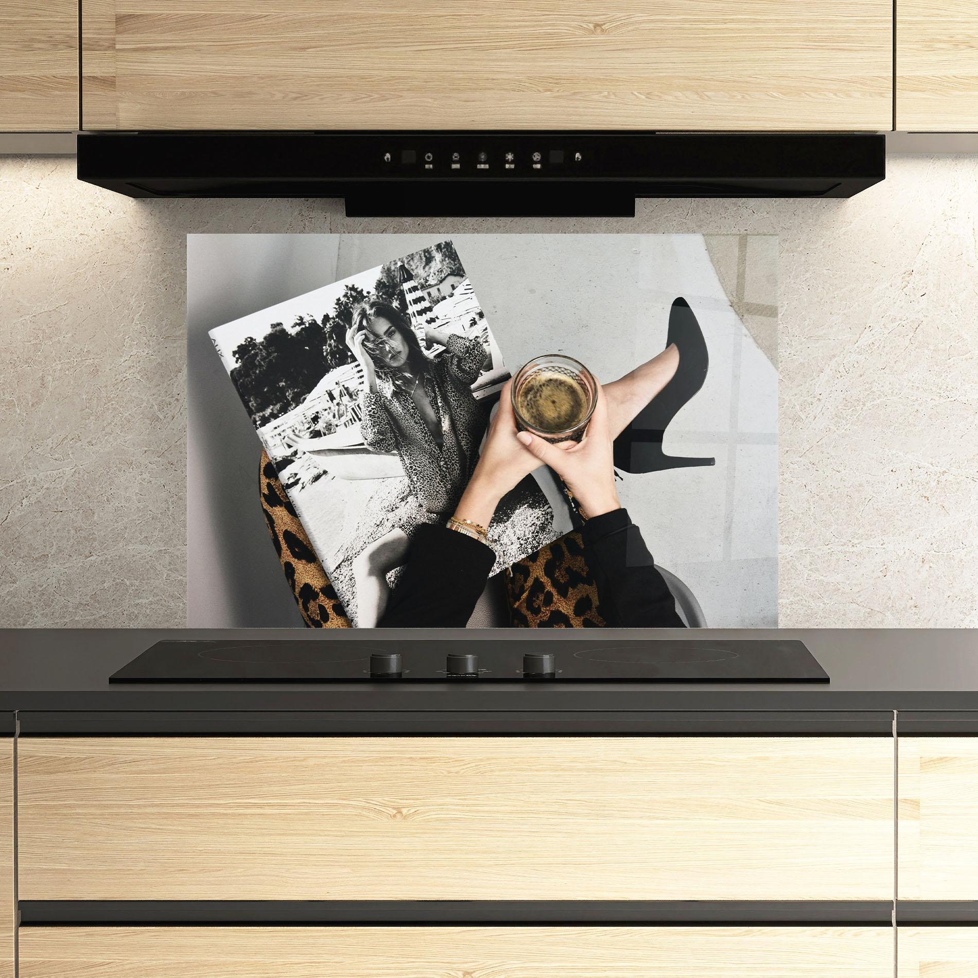 Küchenrückwand Glas Black Shoes Holding Coffee mockup 3