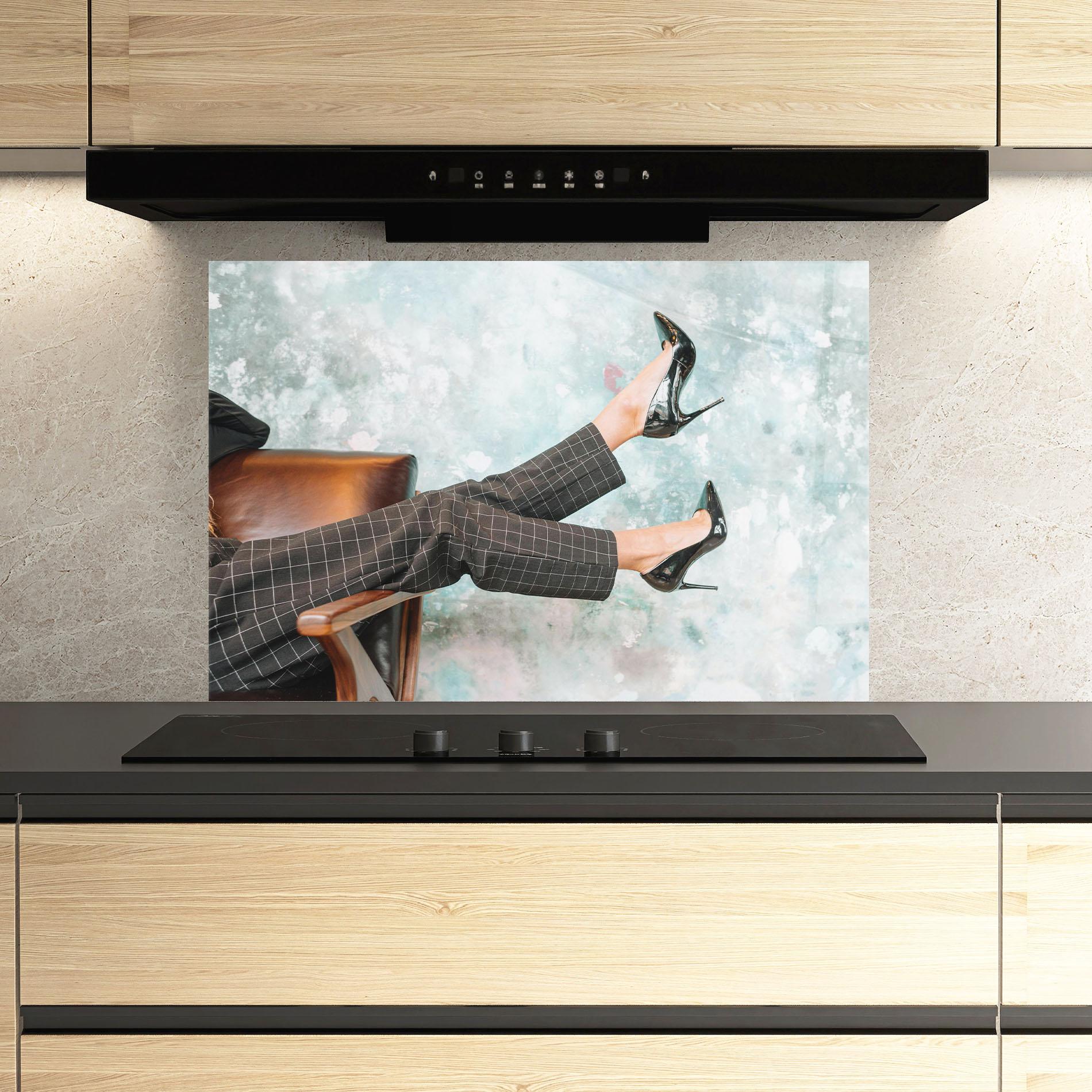 Küchenrückwand Glas Black Shoes On Chair mockup 3