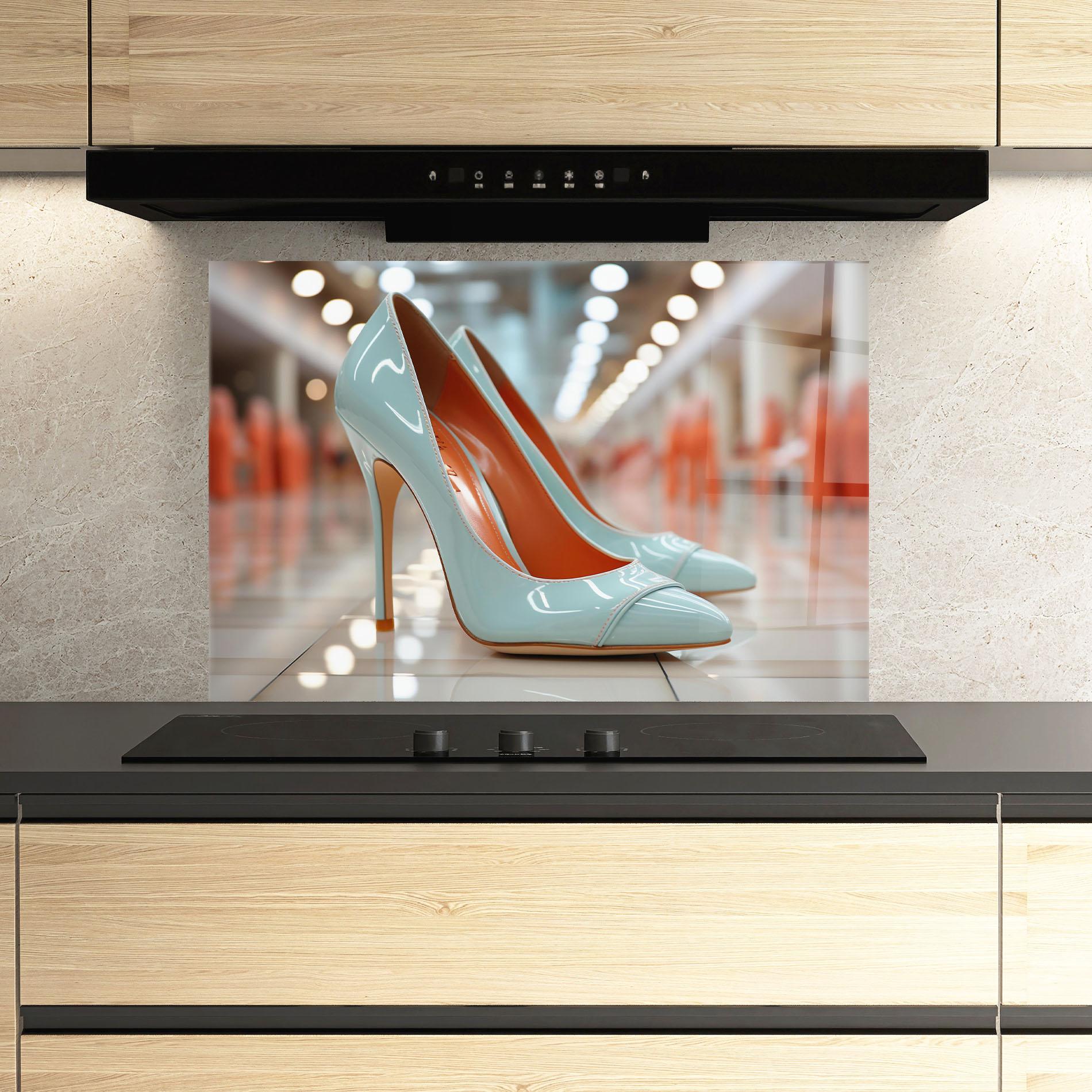 Küchenrückwand Glas Light Blue Heels mockup 3